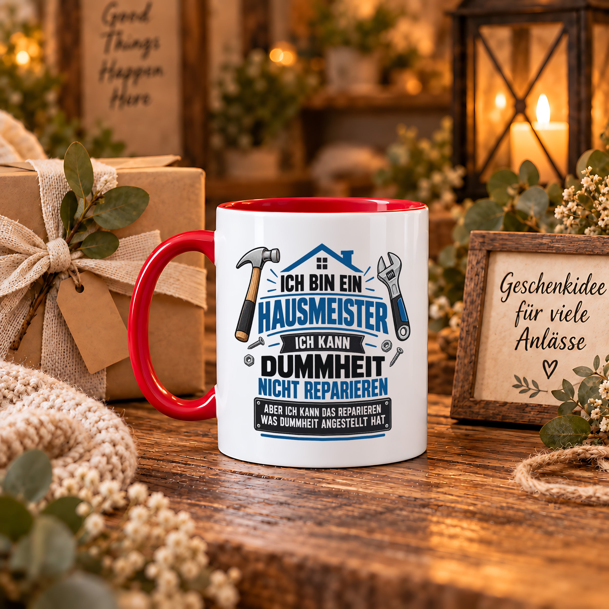 Herzbotschaft Tasse Hausmeister Geschenk Dummheit reparieren 330 ml
