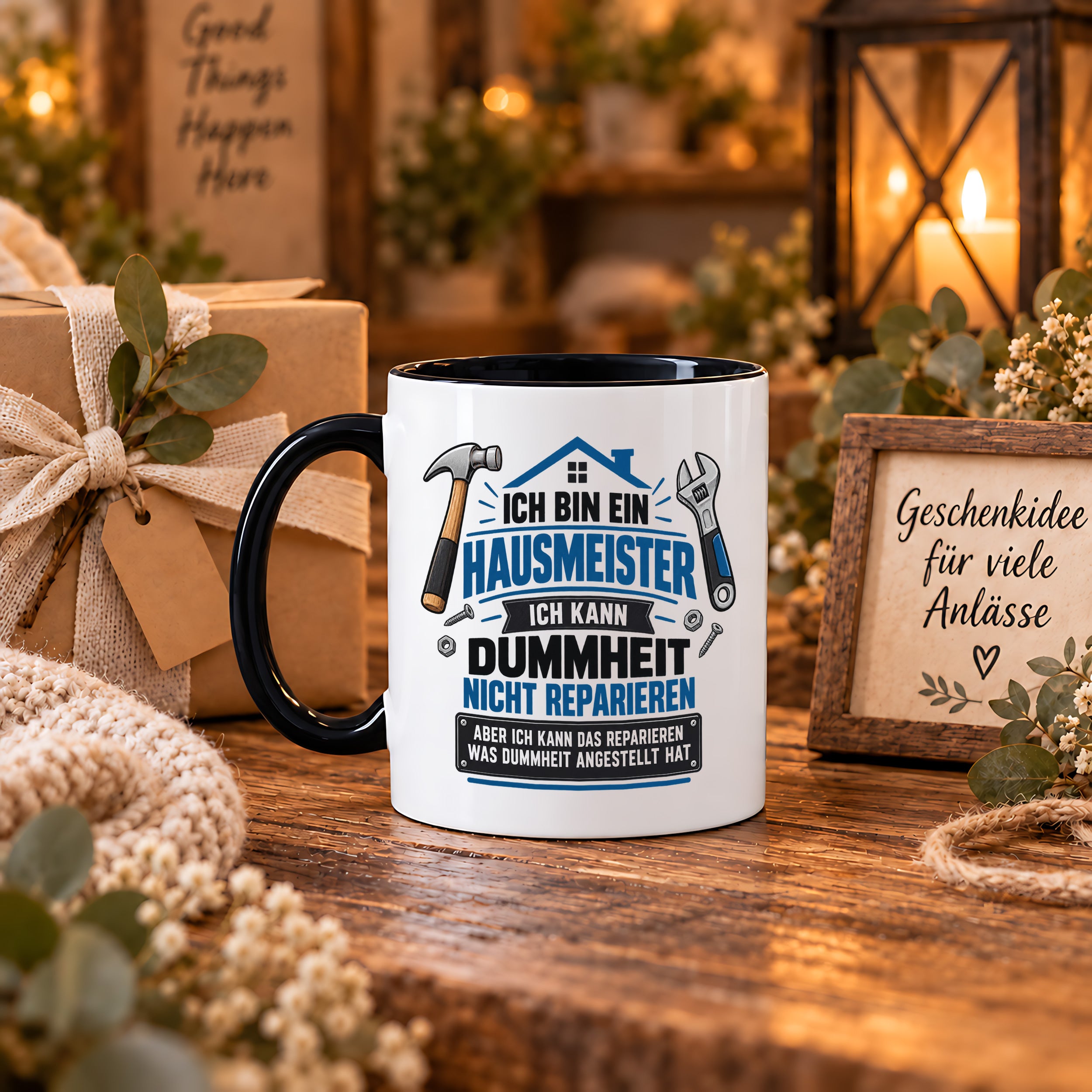 Herzbotschaft Tasse Hausmeister Geschenk Dummheit reparieren 330 ml