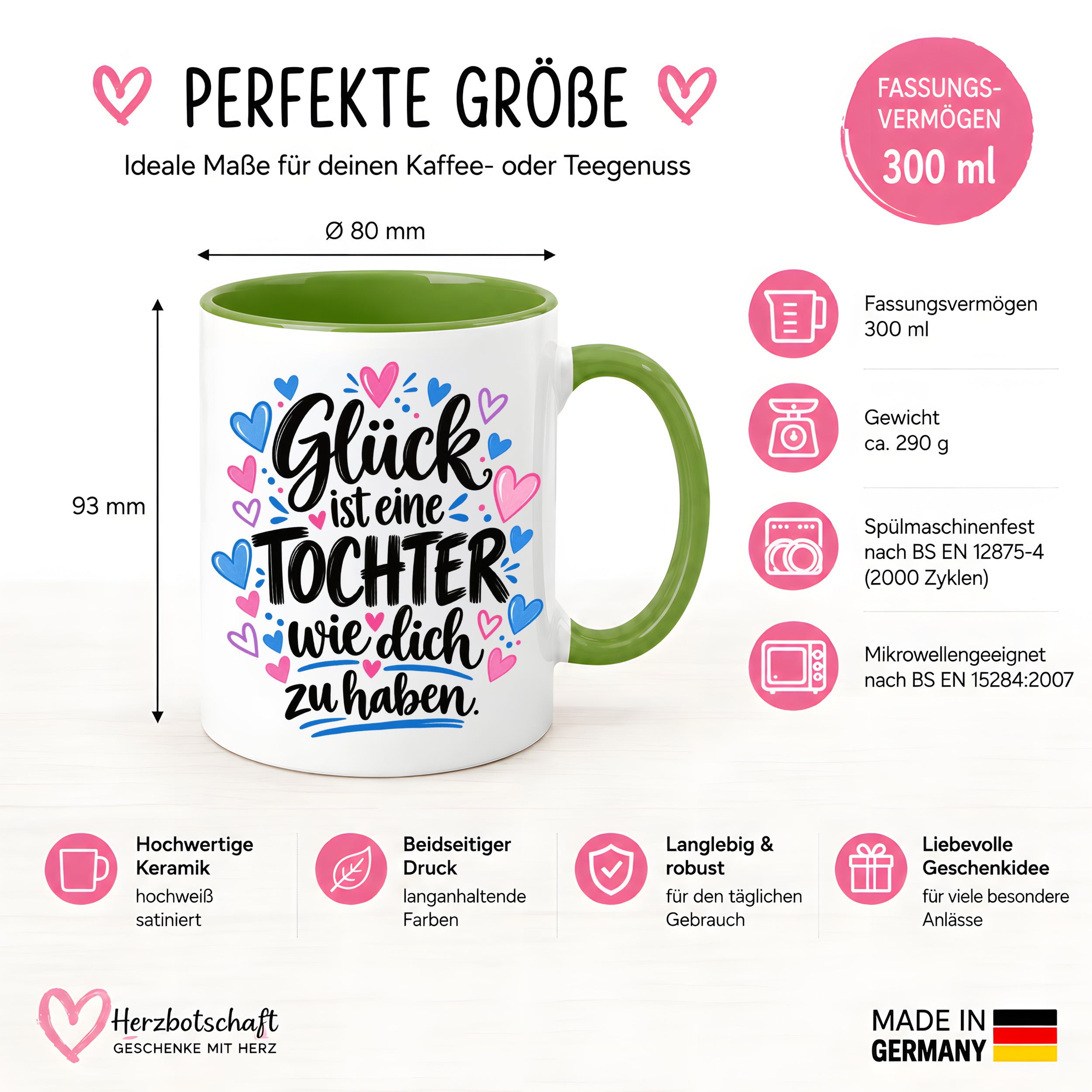 Herzbotschaft Tasse Tochter Geschenk mit Spruch Glück 330 ml