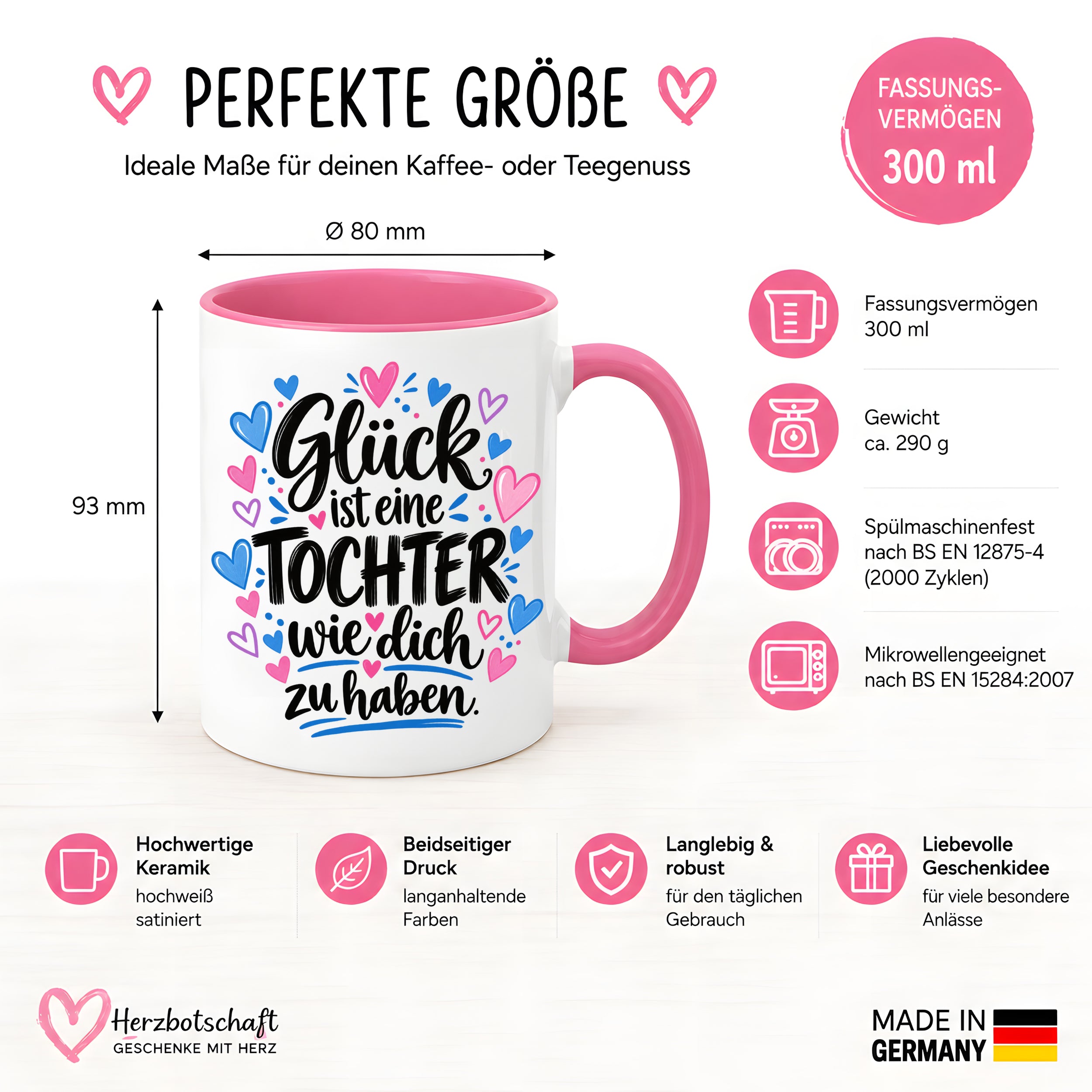 Herzbotschaft Tasse Tochter Geschenk mit Spruch Glück 330 ml