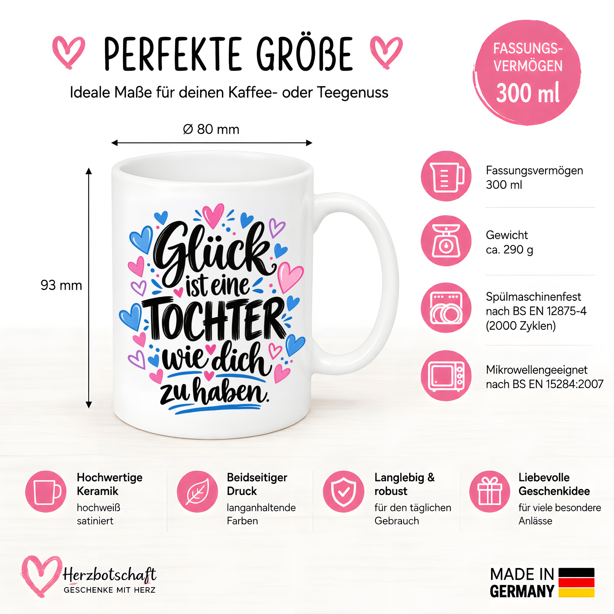 Herzbotschaft Tasse Tochter Geschenk mit Spruch Glück 330 ml