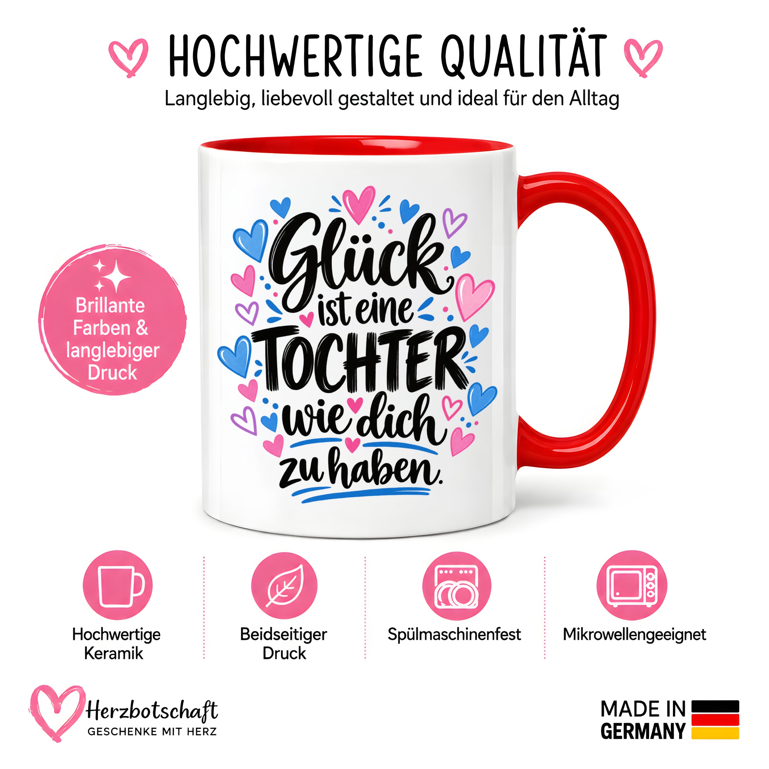 Herzbotschaft Tasse Tochter Geschenk mit Spruch Glück 330 ml
