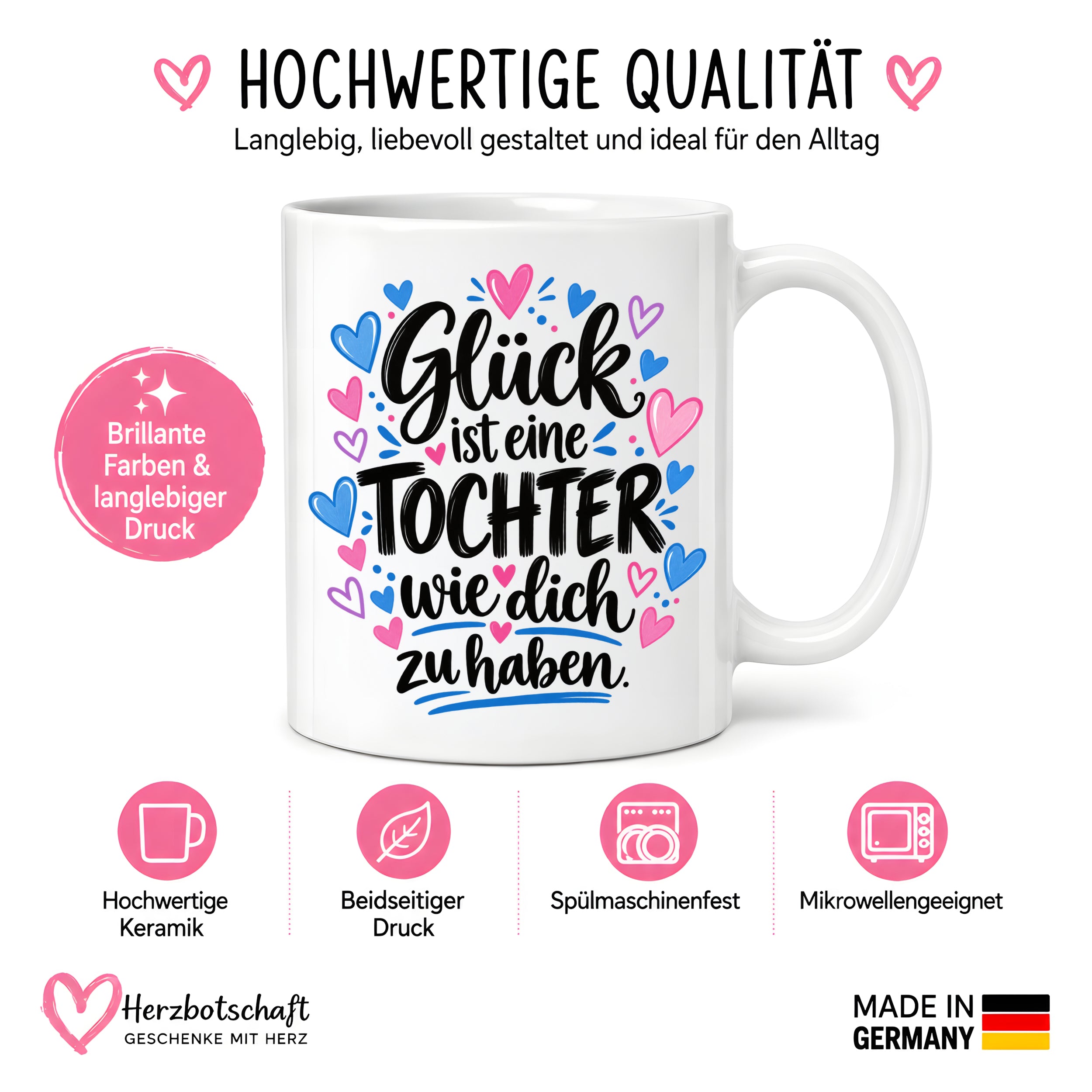 Herzbotschaft Tasse Tochter Geschenk mit Spruch Glück 330 ml