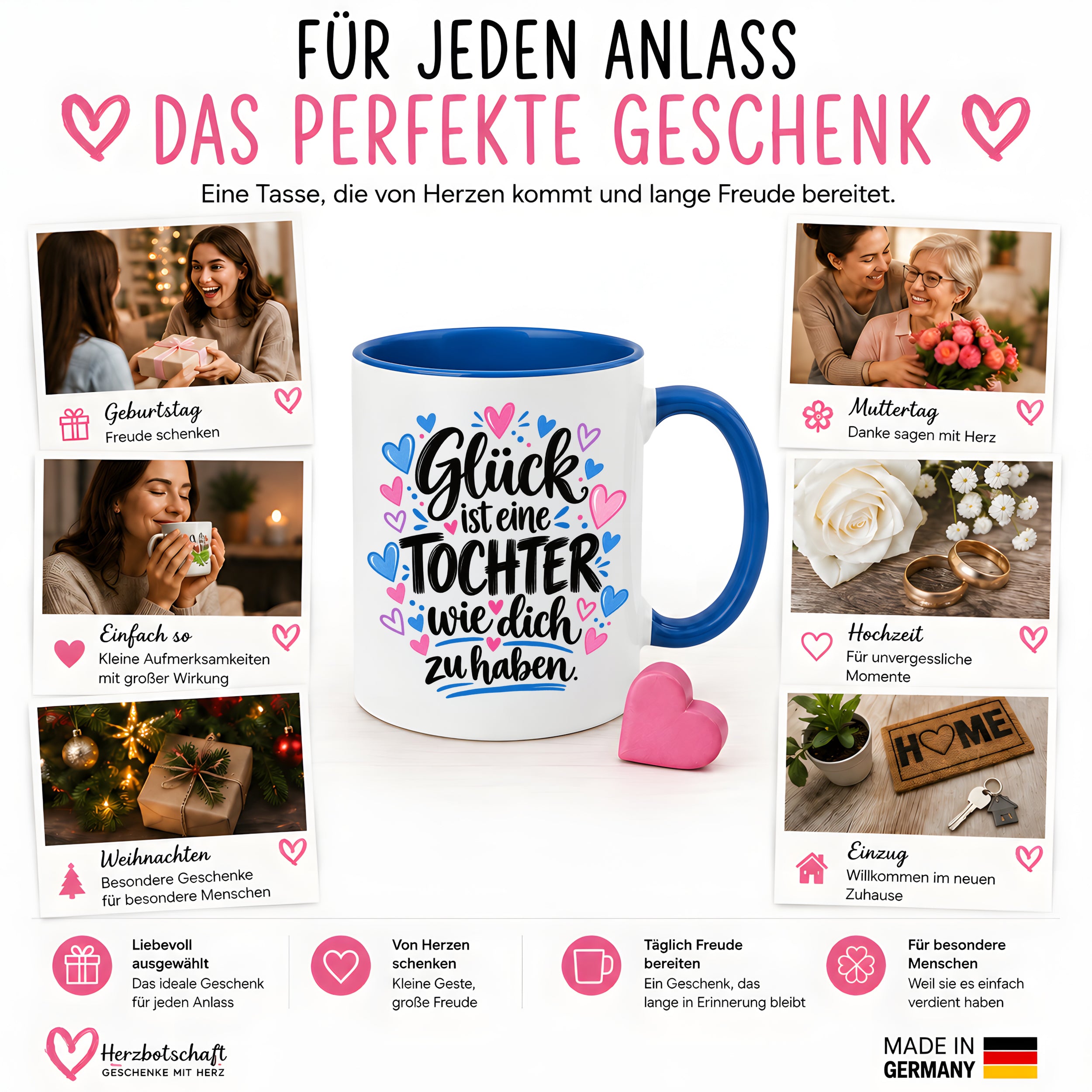 Herzbotschaft Tasse Tochter Geschenk mit Spruch Glück 330 ml
