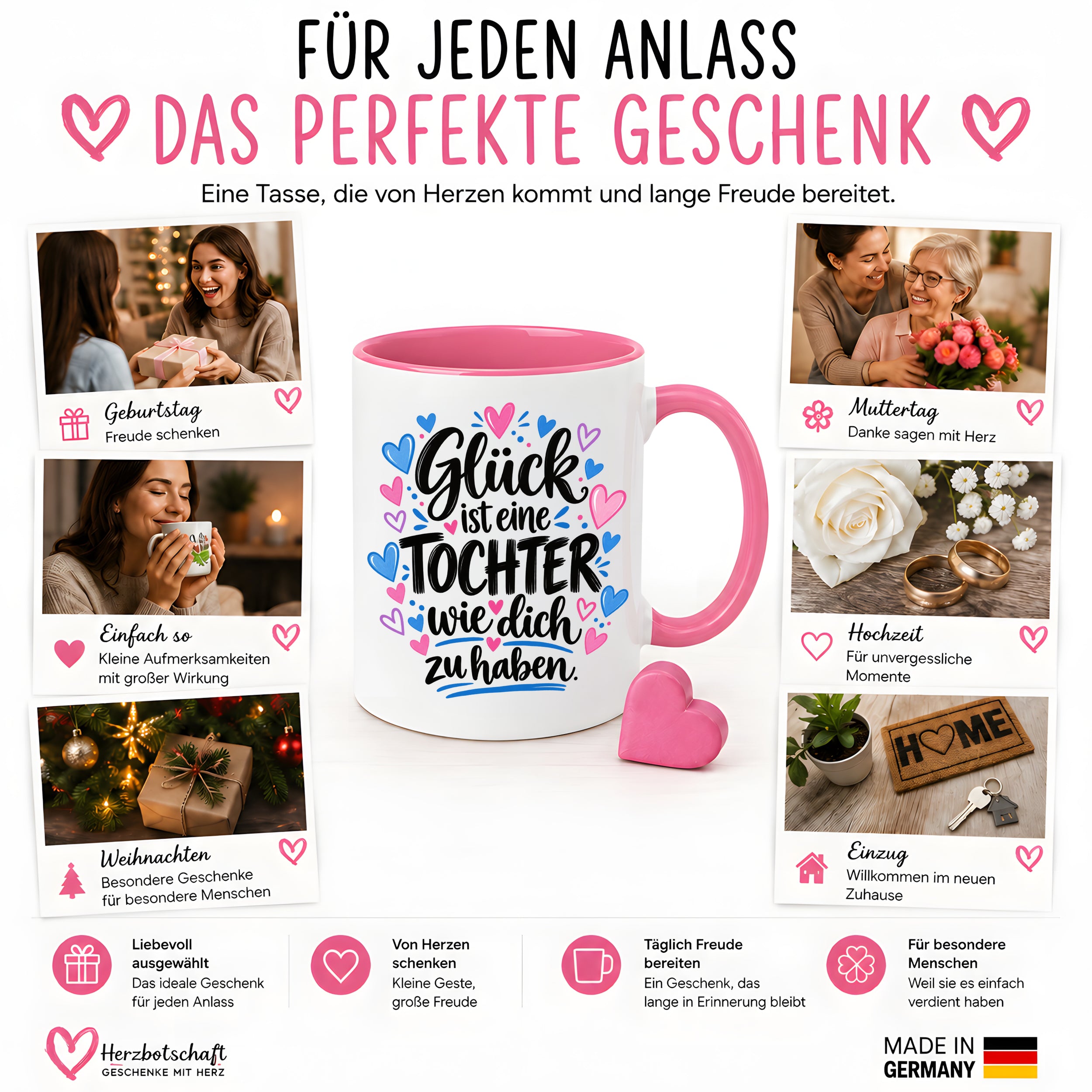 Herzbotschaft Tasse Tochter Geschenk mit Spruch Glück 330 ml