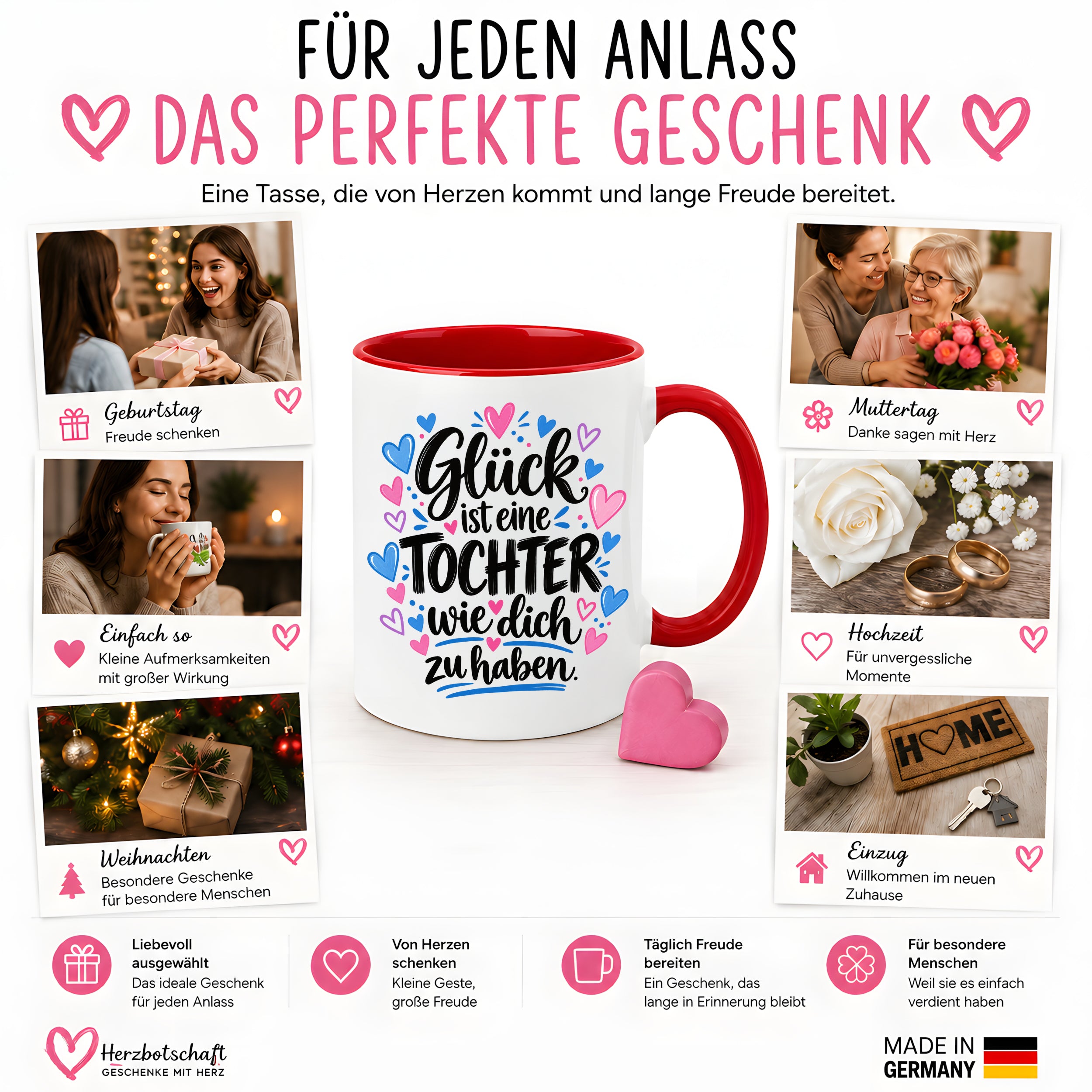 Herzbotschaft Tasse Tochter Geschenk mit Spruch Glück 330 ml