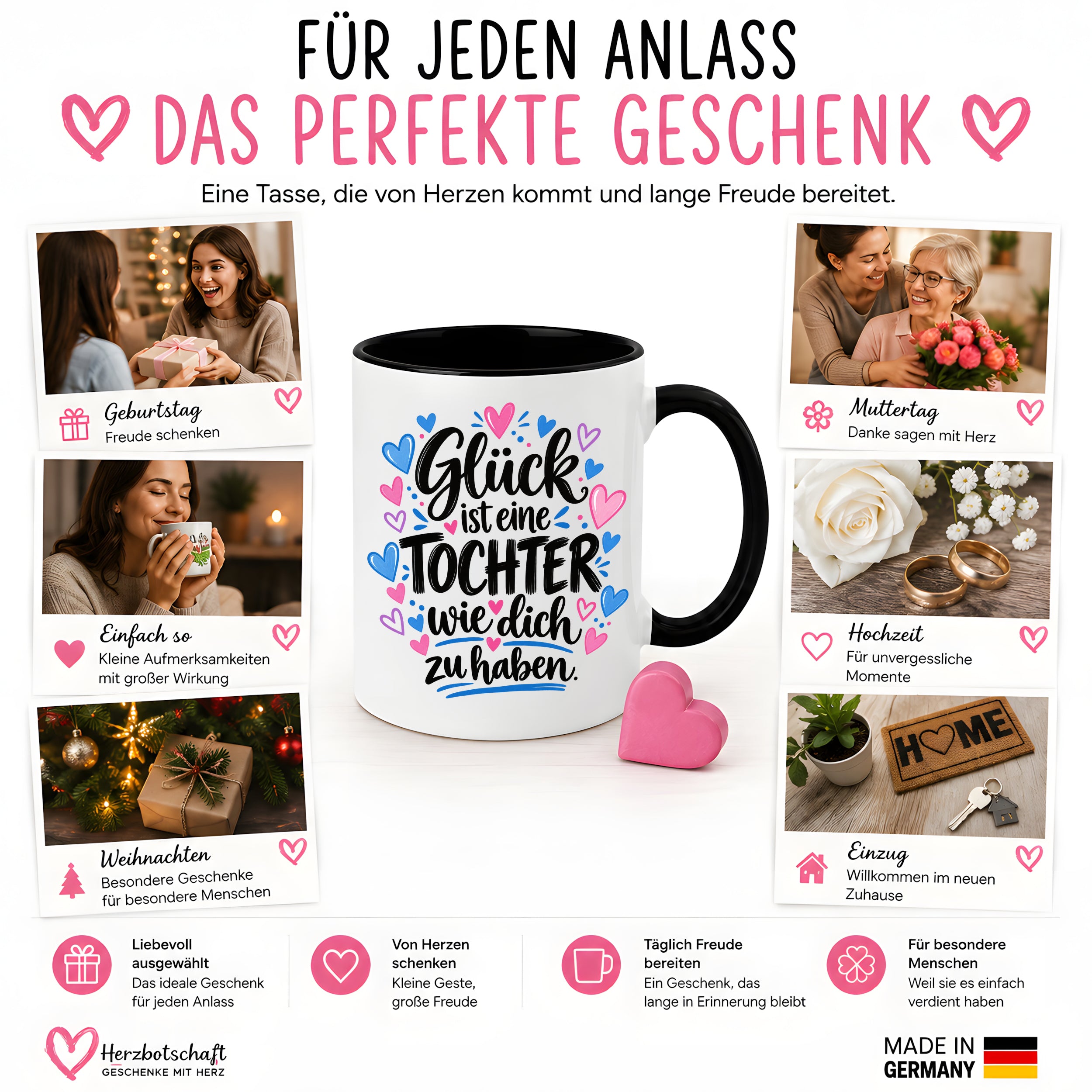 Herzbotschaft Tasse Tochter Geschenk mit Spruch Glück 330 ml