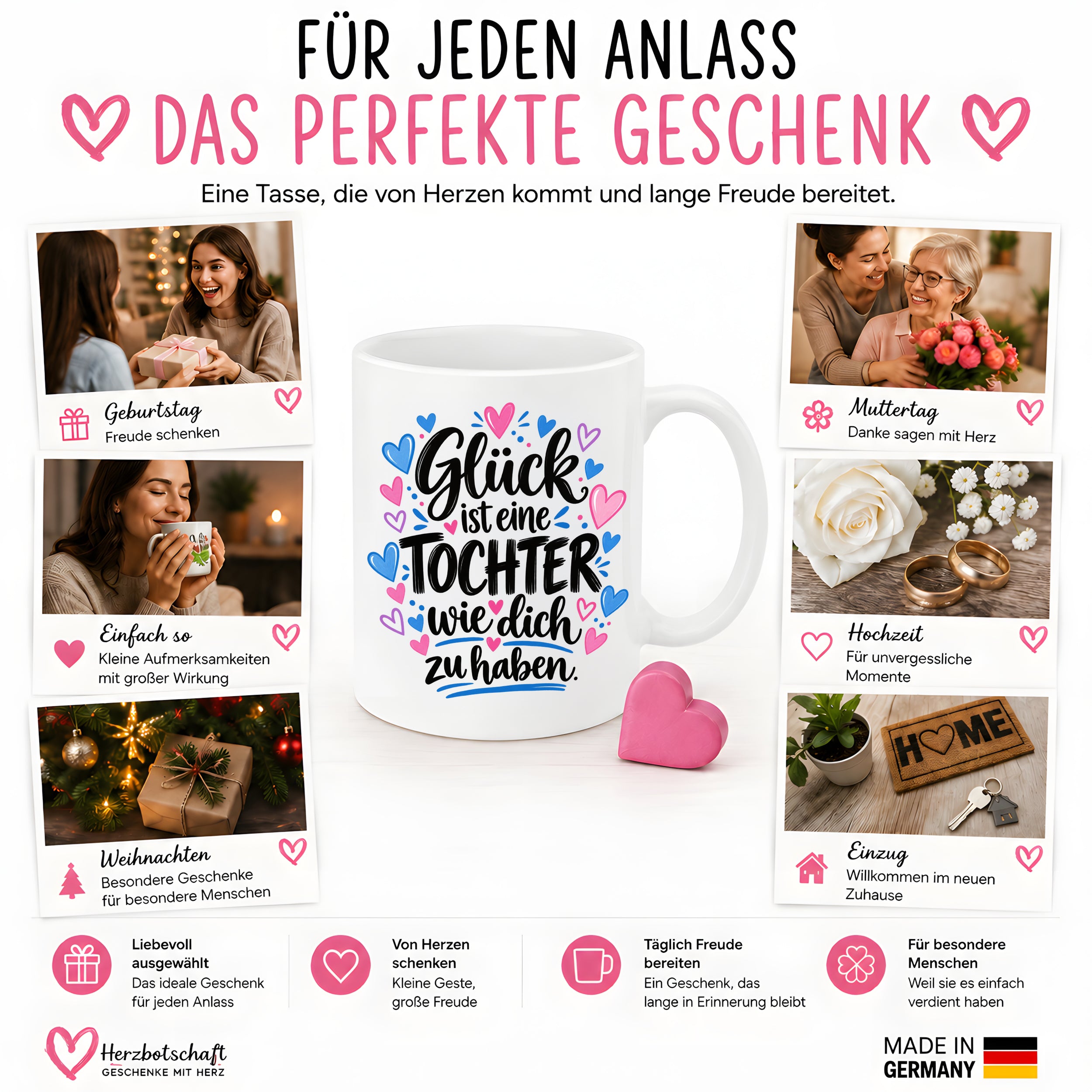 Herzbotschaft Tasse Tochter Geschenk mit Spruch Glück 330 ml