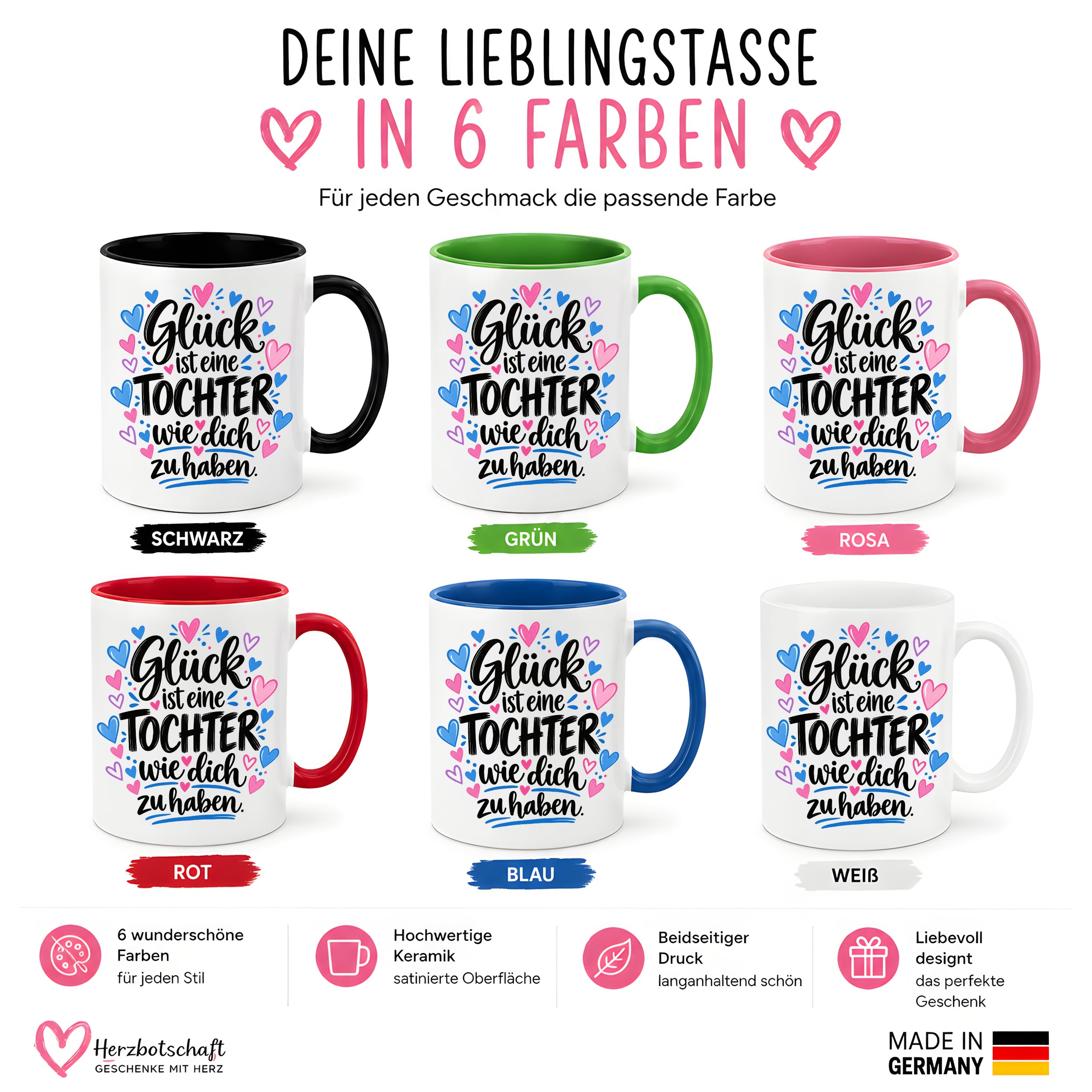 Herzbotschaft Tasse Tochter Geschenk mit Spruch Glück 330 ml