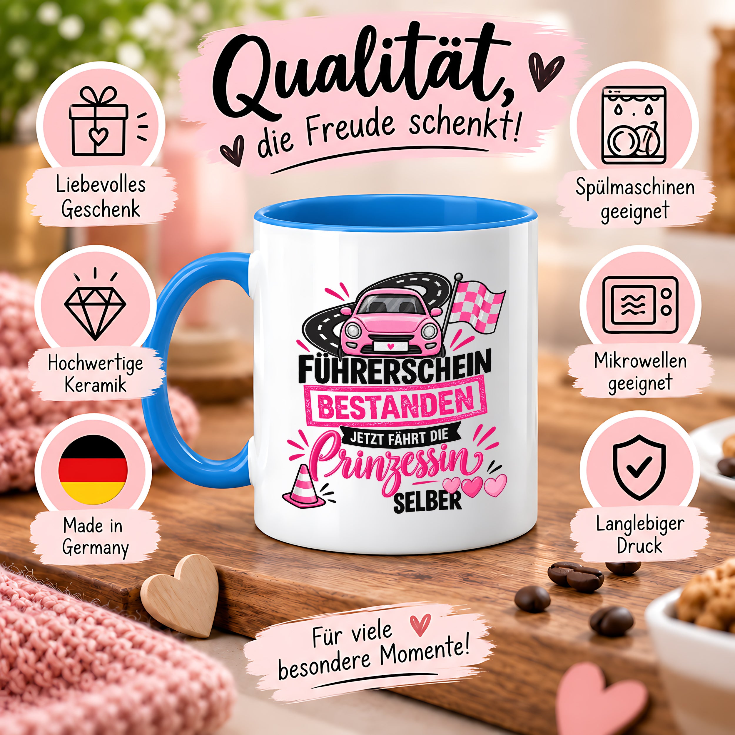 Herzbotschaft Tasse Führerschein bestanden Prinzessin Geschenk 330 ml