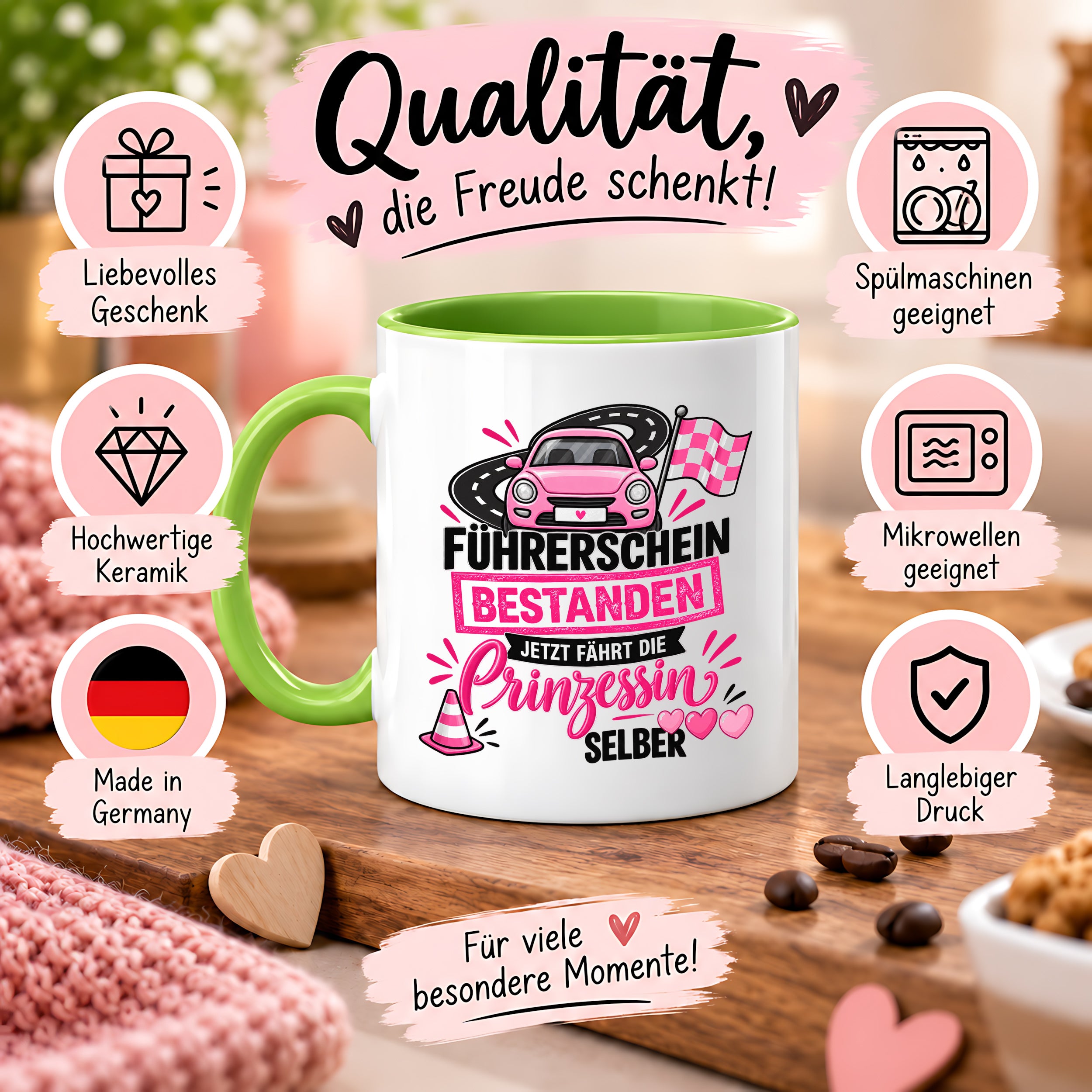 Herzbotschaft Tasse Führerschein bestanden Prinzessin Geschenk 330 ml