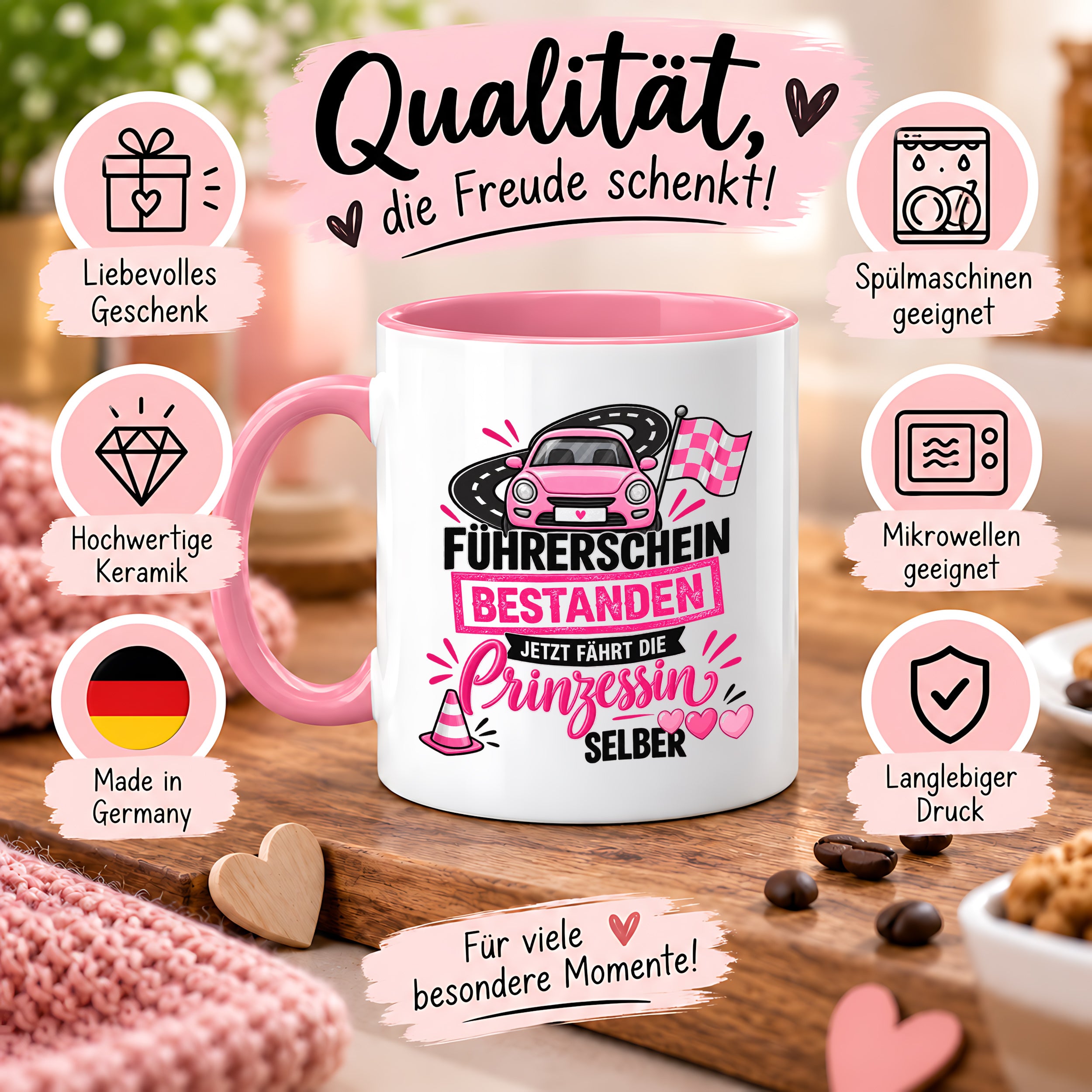 Herzbotschaft Tasse Führerschein bestanden Prinzessin Geschenk 330 ml