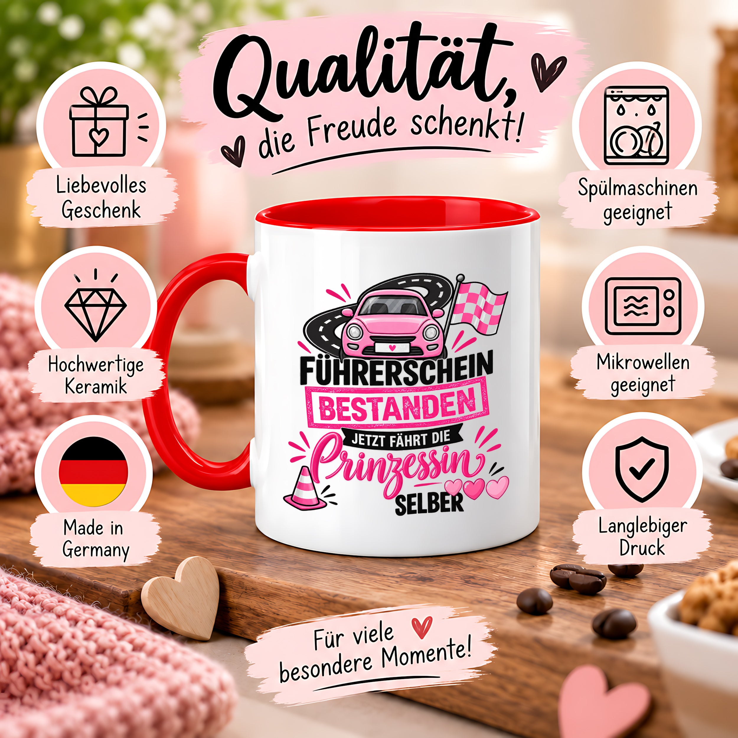Herzbotschaft Tasse Führerschein bestanden Prinzessin Geschenk 330 ml