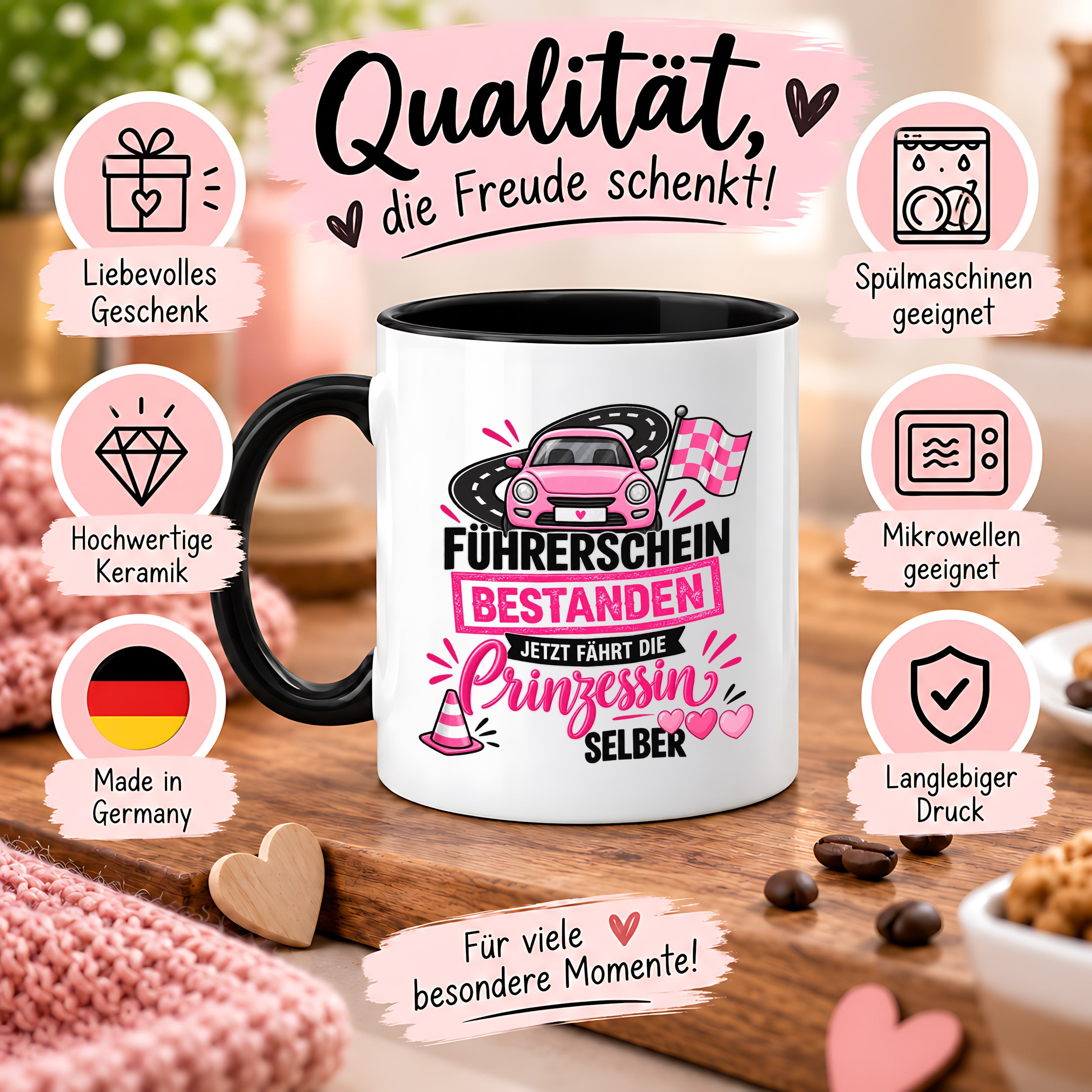 Herzbotschaft Tasse Führerschein bestanden Prinzessin Geschenk 330 ml