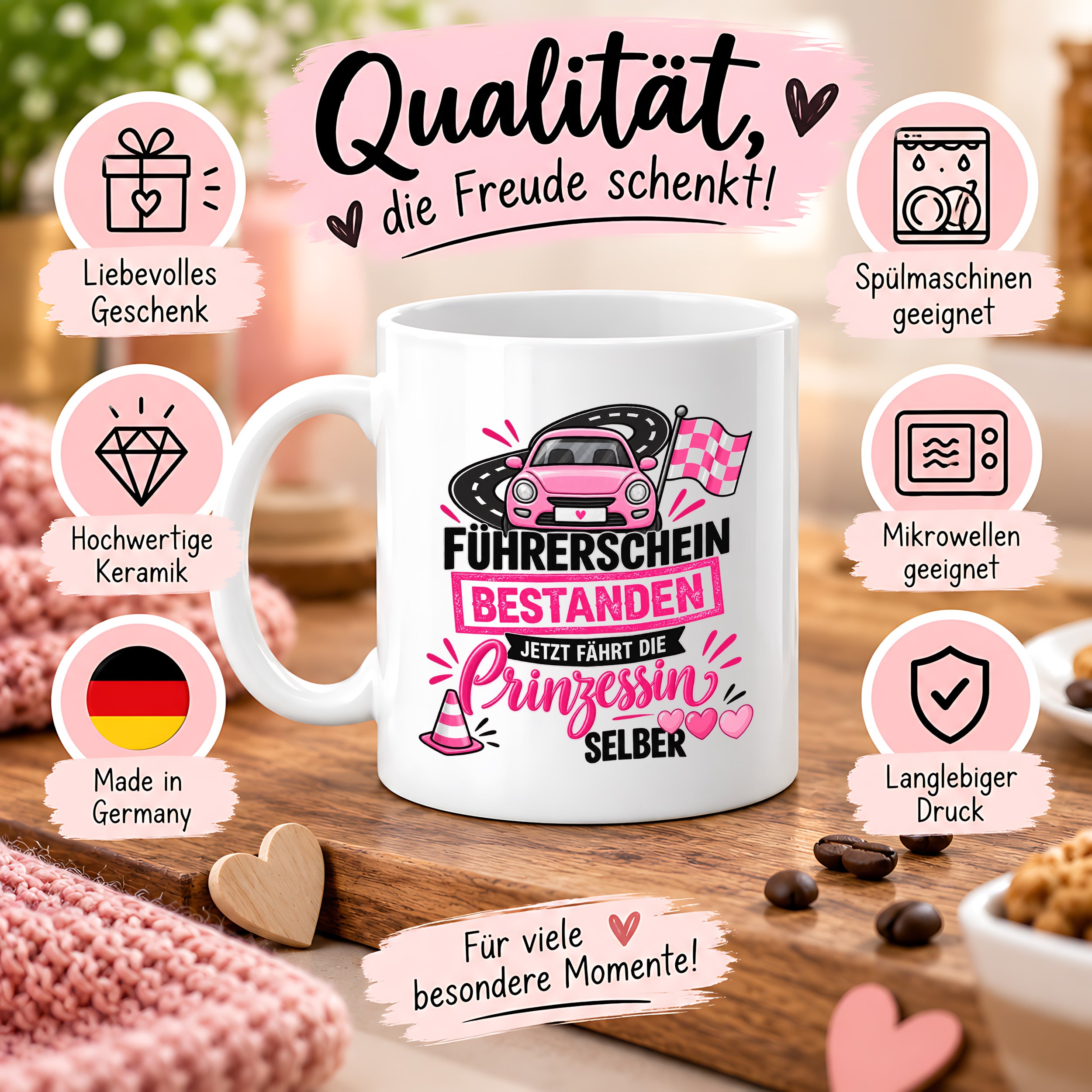 Herzbotschaft Tasse Führerschein bestanden Prinzessin Geschenk 330 ml
