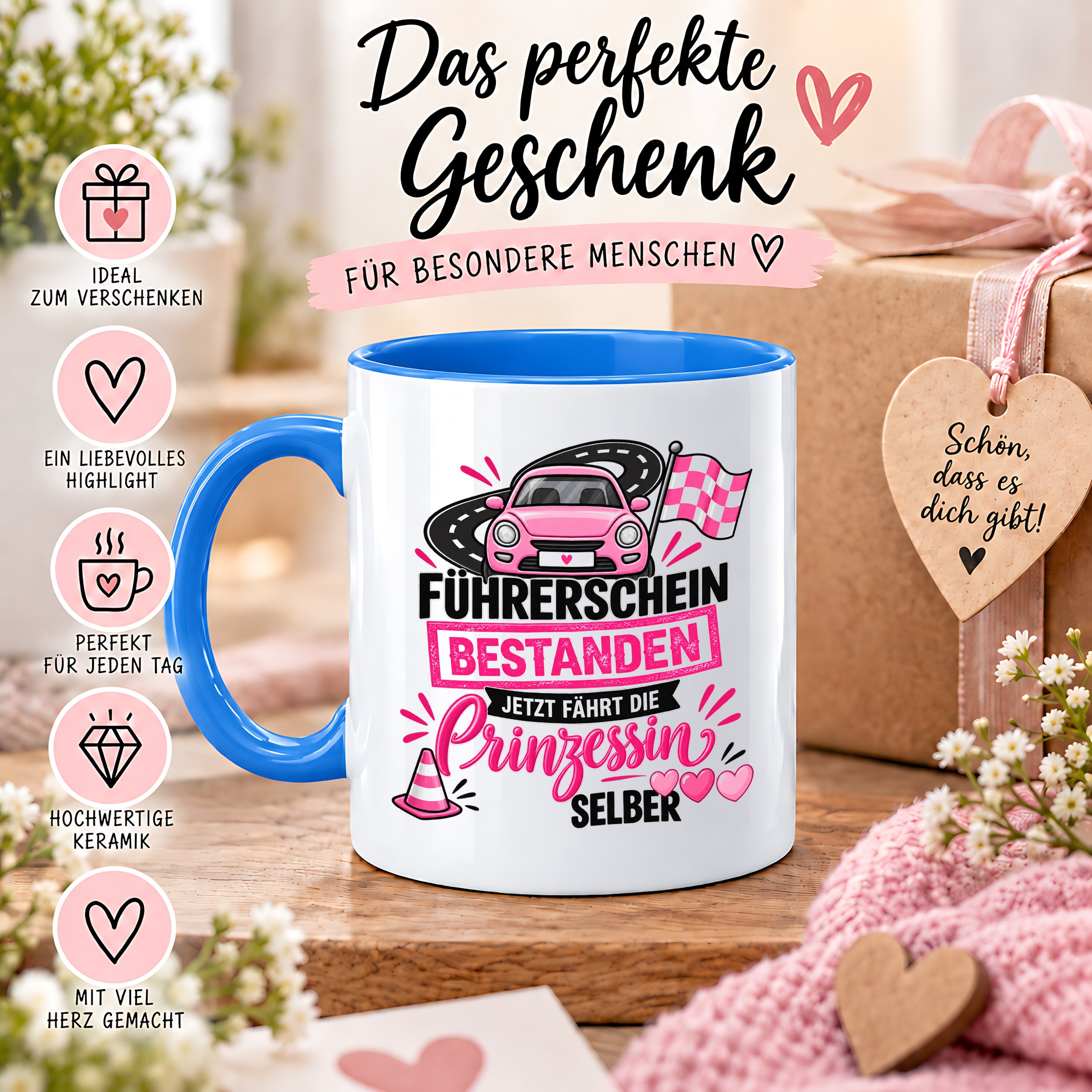Herzbotschaft Tasse Führerschein bestanden Prinzessin Geschenk 330 ml