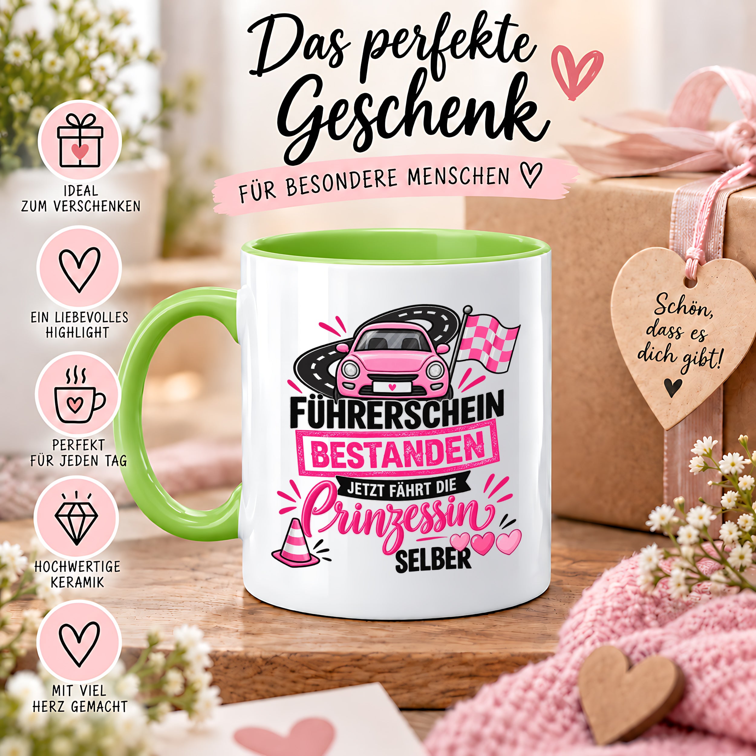 Herzbotschaft Tasse Führerschein bestanden Prinzessin Geschenk 330 ml