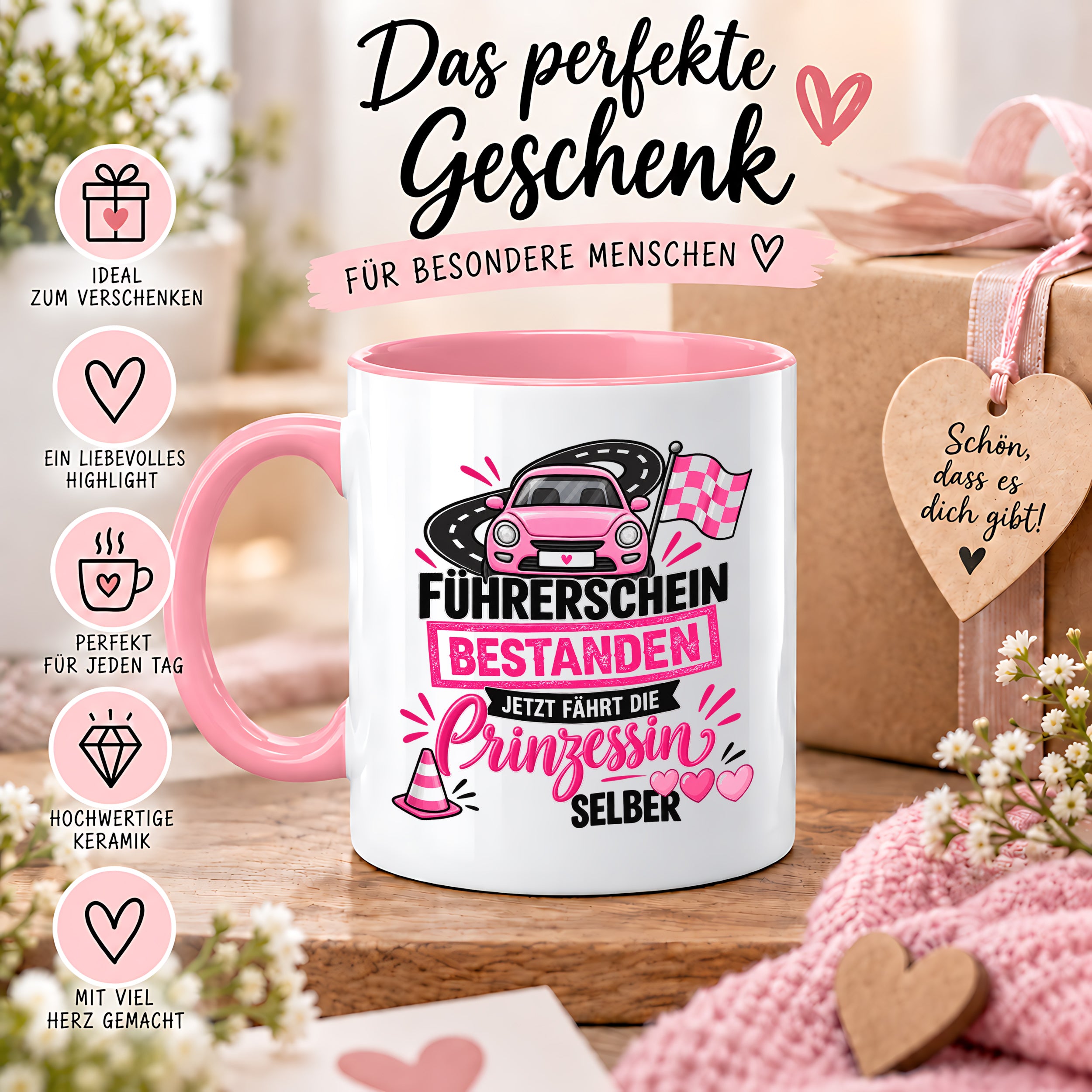 Herzbotschaft Tasse Führerschein bestanden Prinzessin Geschenk 330 ml