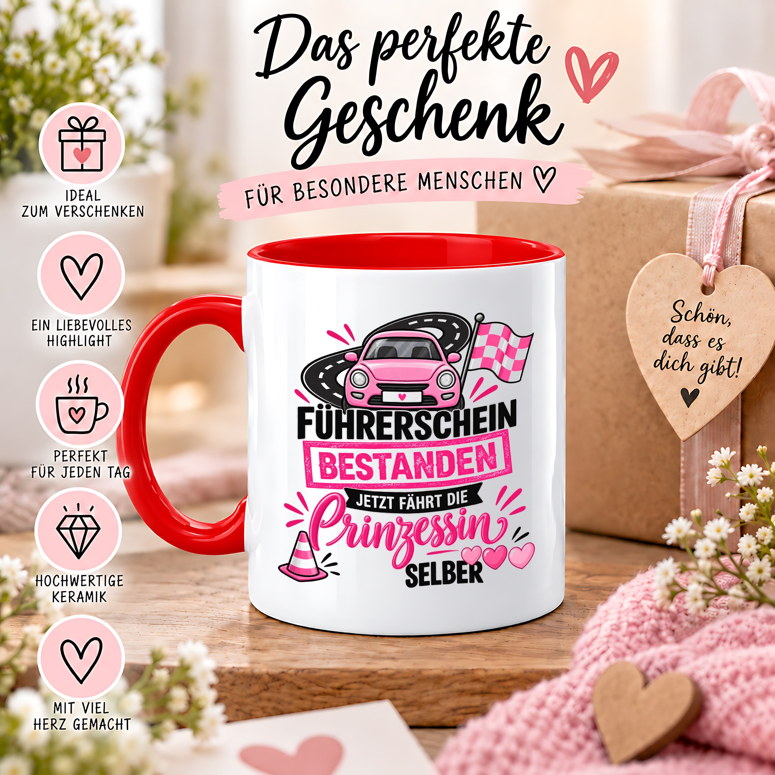 Herzbotschaft Tasse Führerschein bestanden Prinzessin Geschenk 330 ml