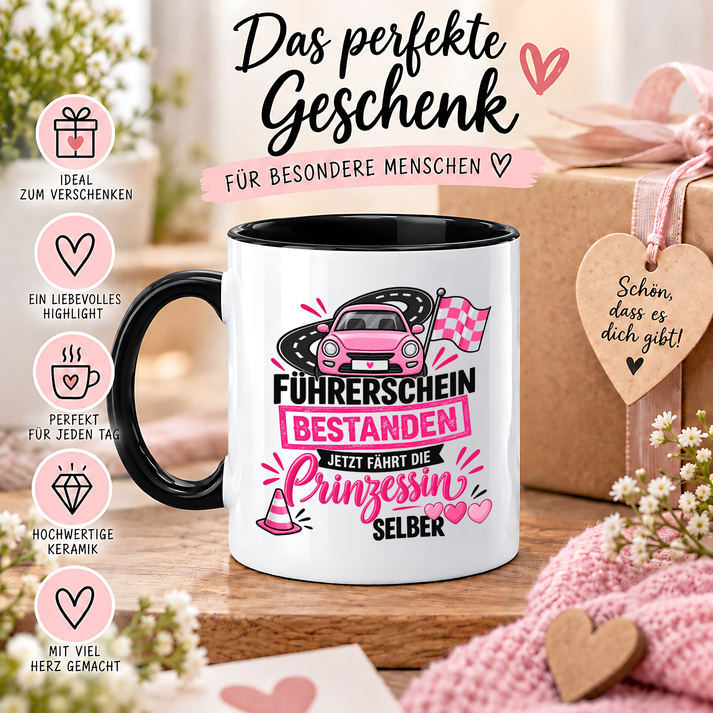 Herzbotschaft Tasse Führerschein bestanden Prinzessin Geschenk 330 ml