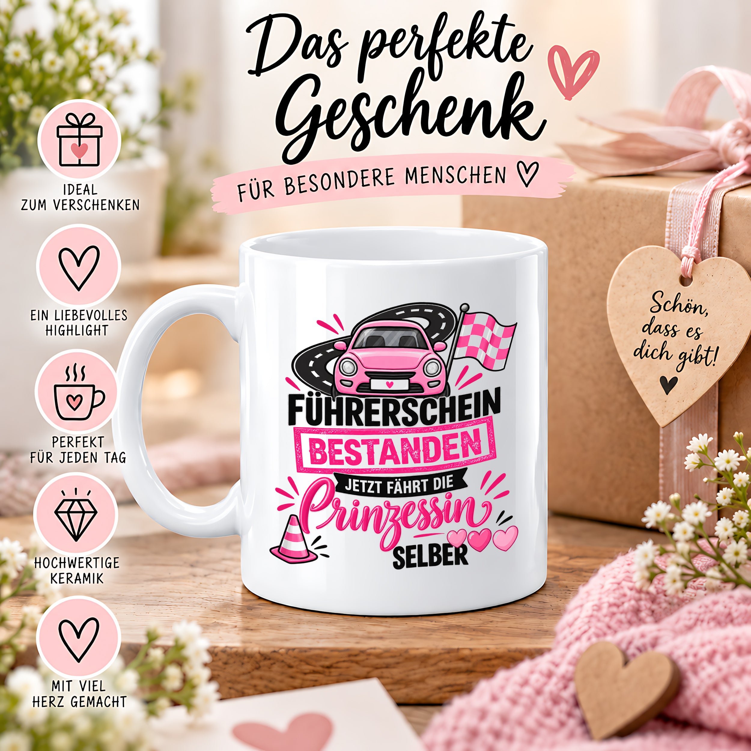 Herzbotschaft Tasse Führerschein bestanden Prinzessin Geschenk 330 ml