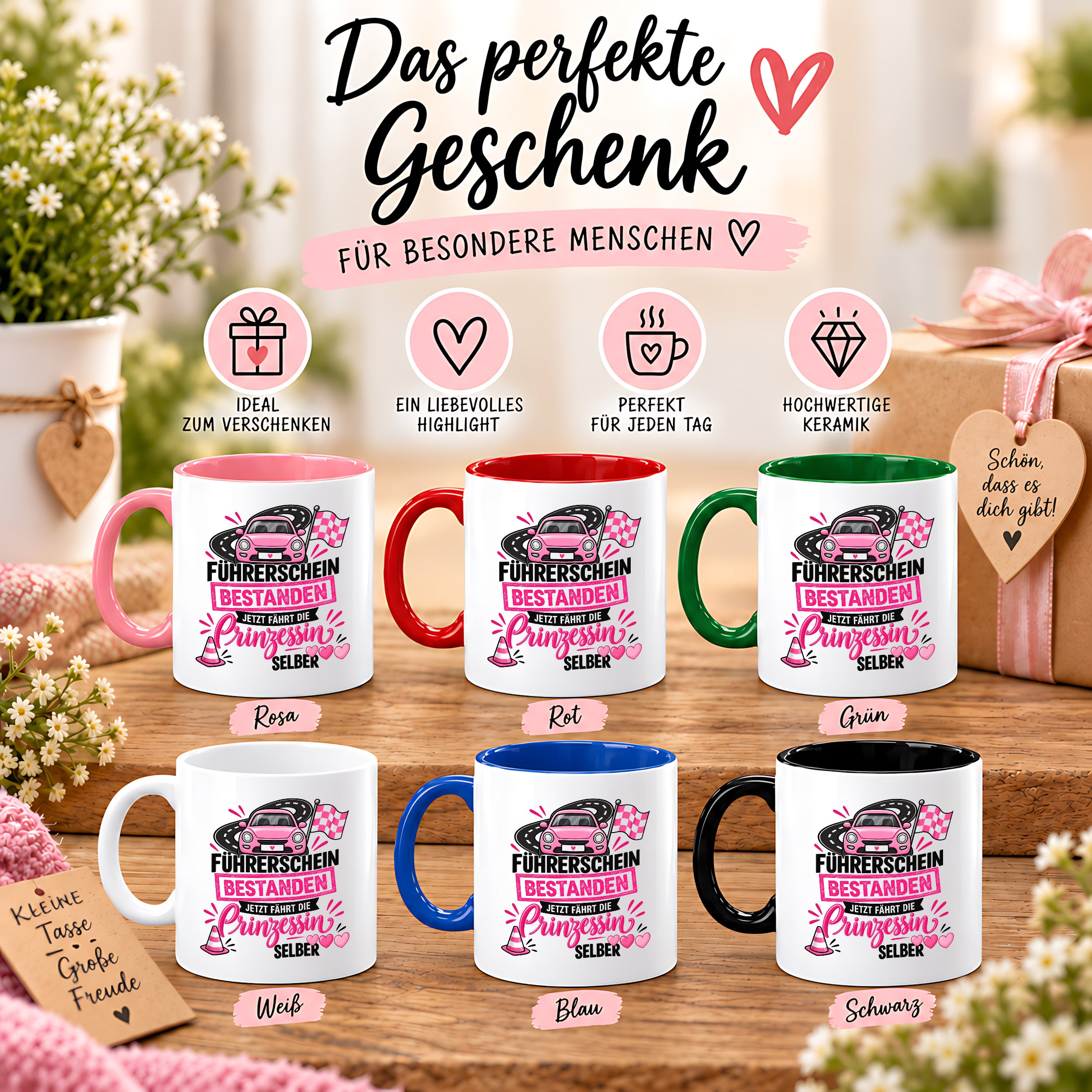 Herzbotschaft Tasse Führerschein bestanden Prinzessin Geschenk 330 ml