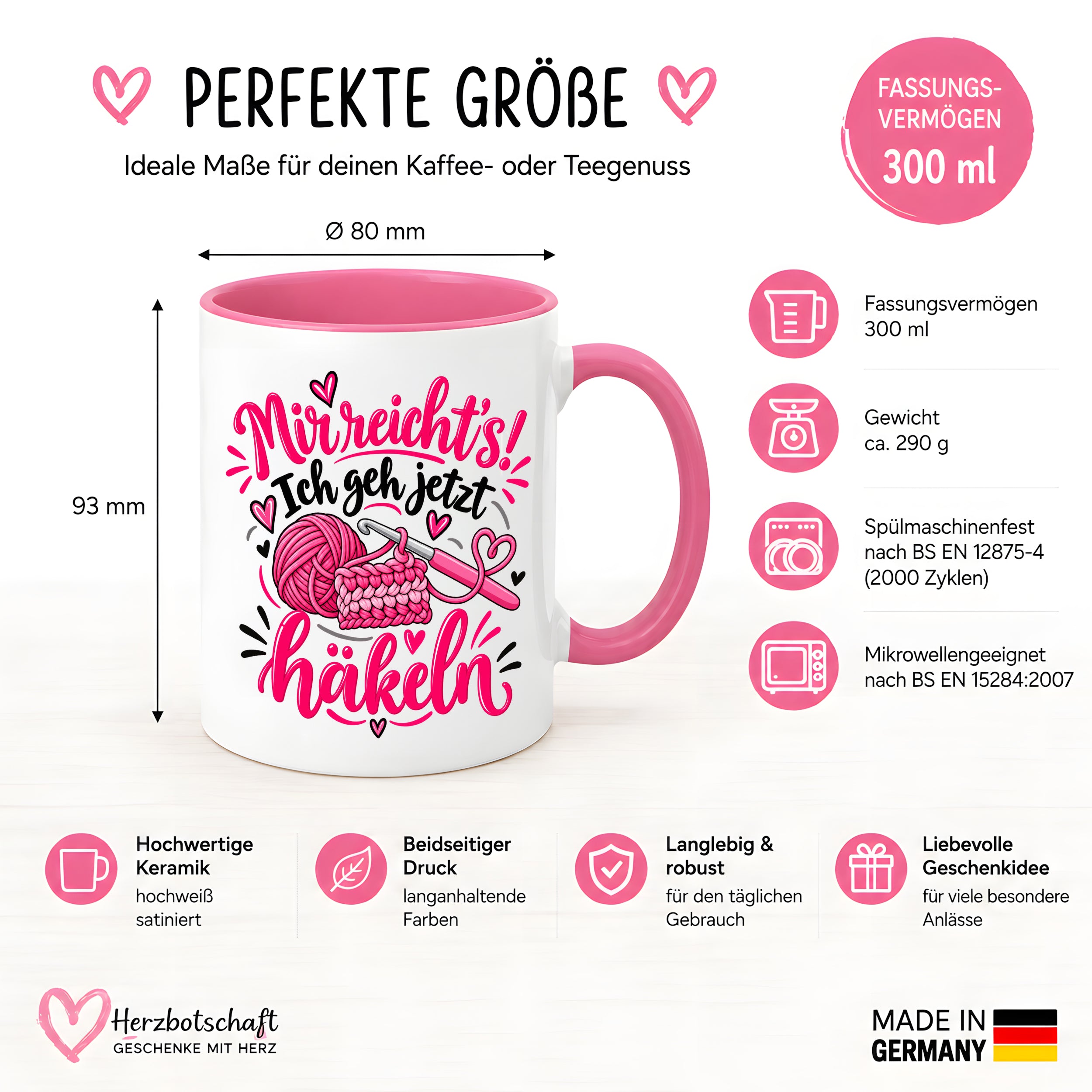 Herzbotschaft Tasse Häkeln Mir reicht's Geschenk für Frauen 330 ml