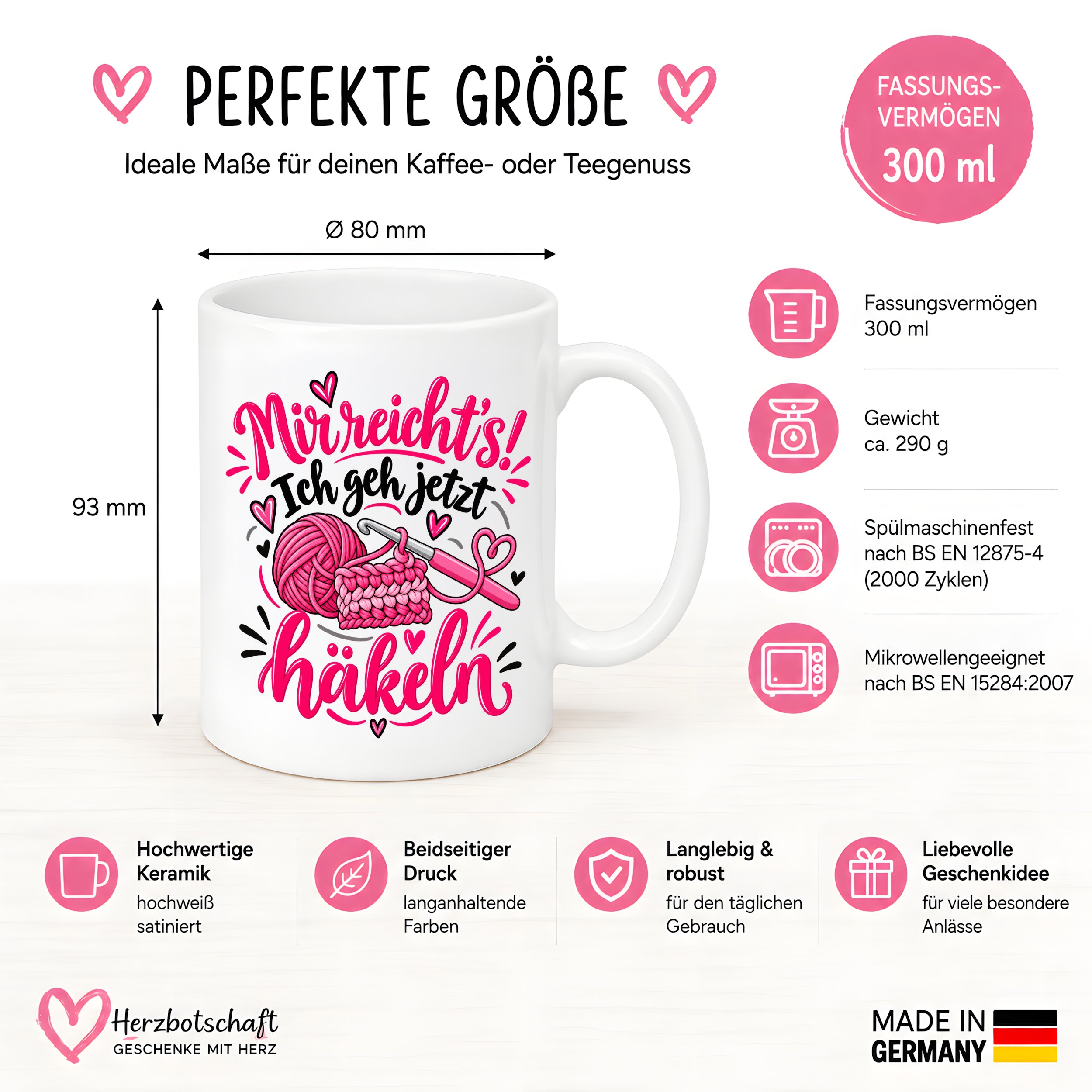 Herzbotschaft Tasse Häkeln Mir reicht's Geschenk für Frauen 330 ml