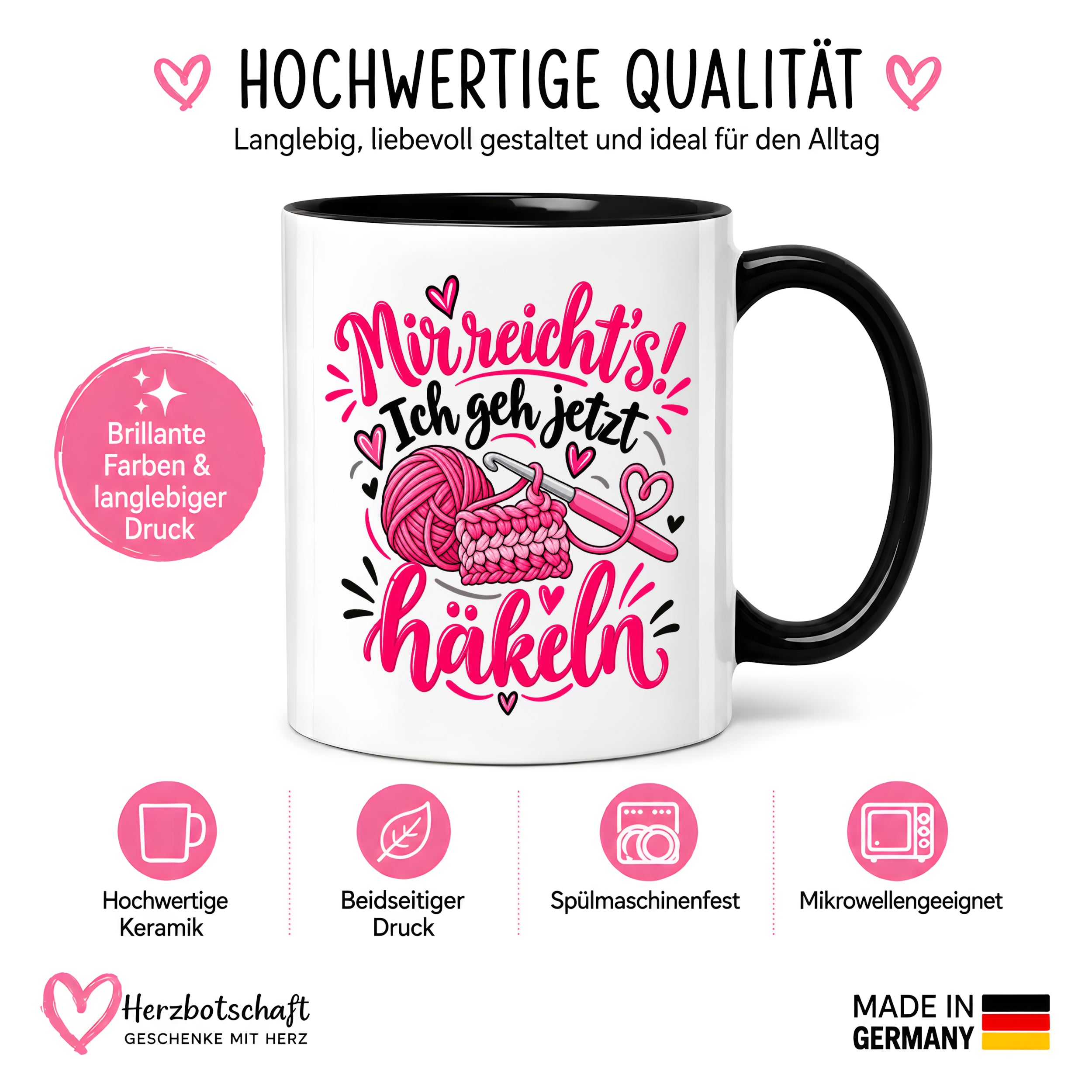 Herzbotschaft Tasse Häkeln Mir reicht's Geschenk für Frauen 330 ml