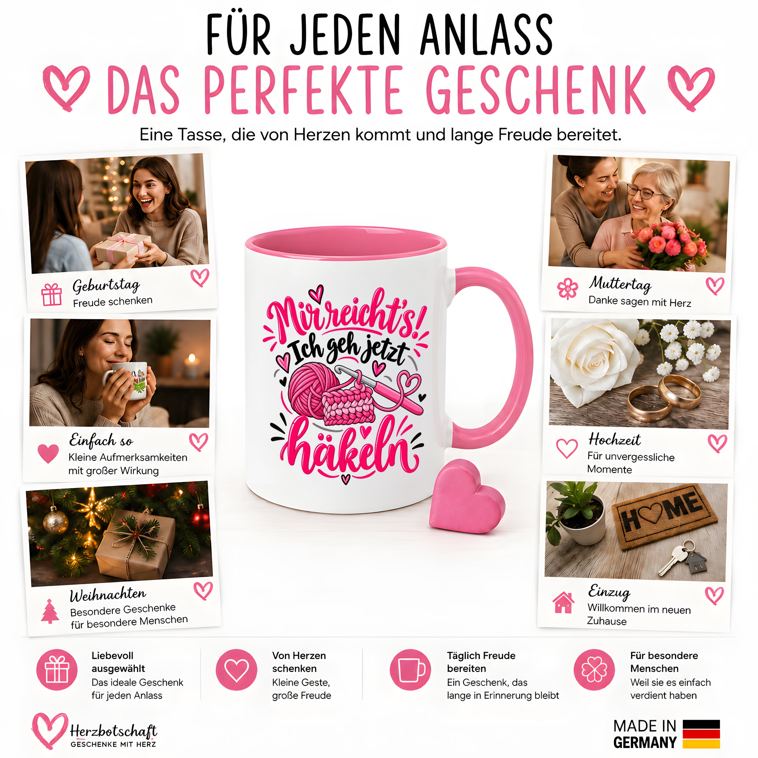 Herzbotschaft Tasse Häkeln Mir reicht's Geschenk für Frauen 330 ml