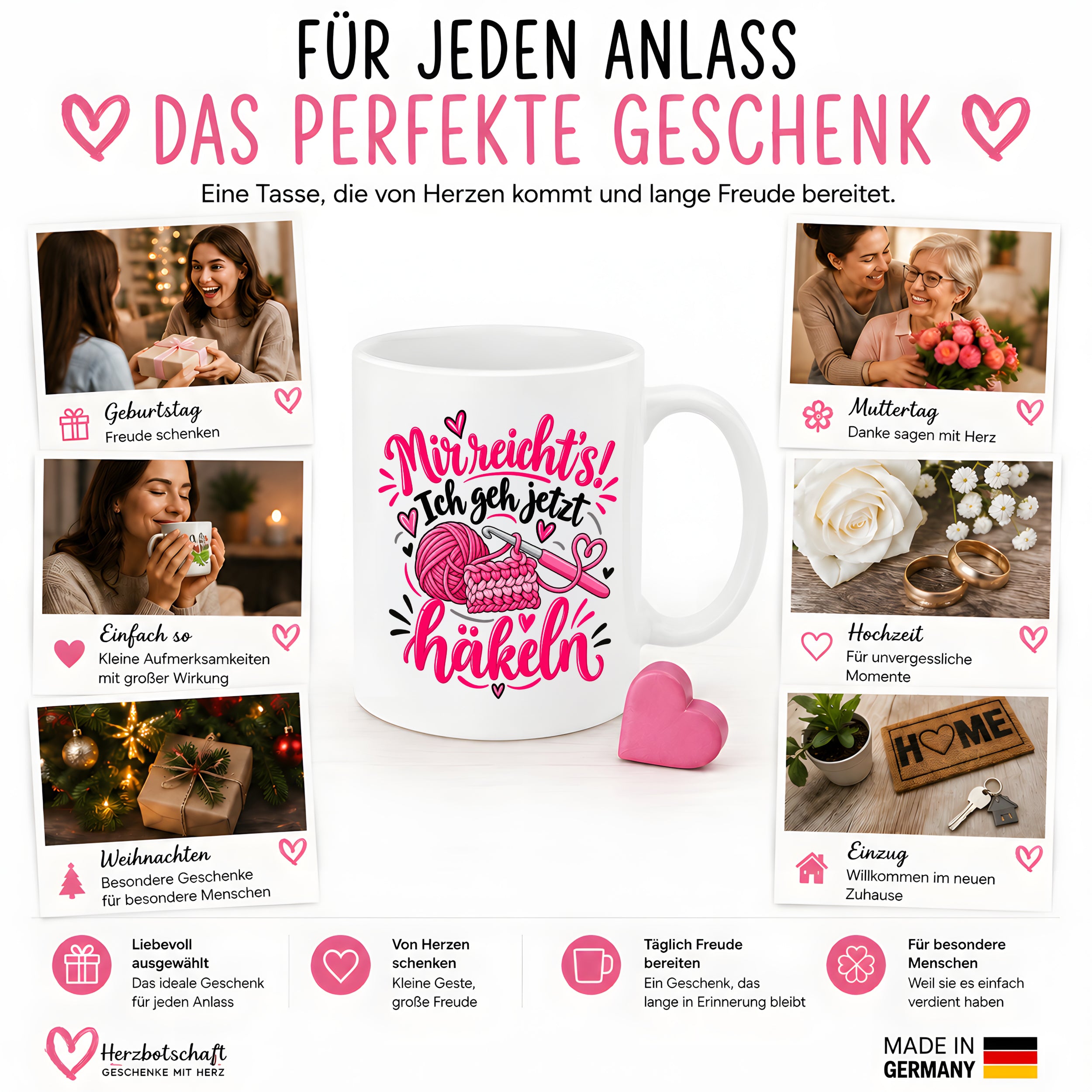 Herzbotschaft Tasse Häkeln Mir reicht's Geschenk für Frauen 330 ml
