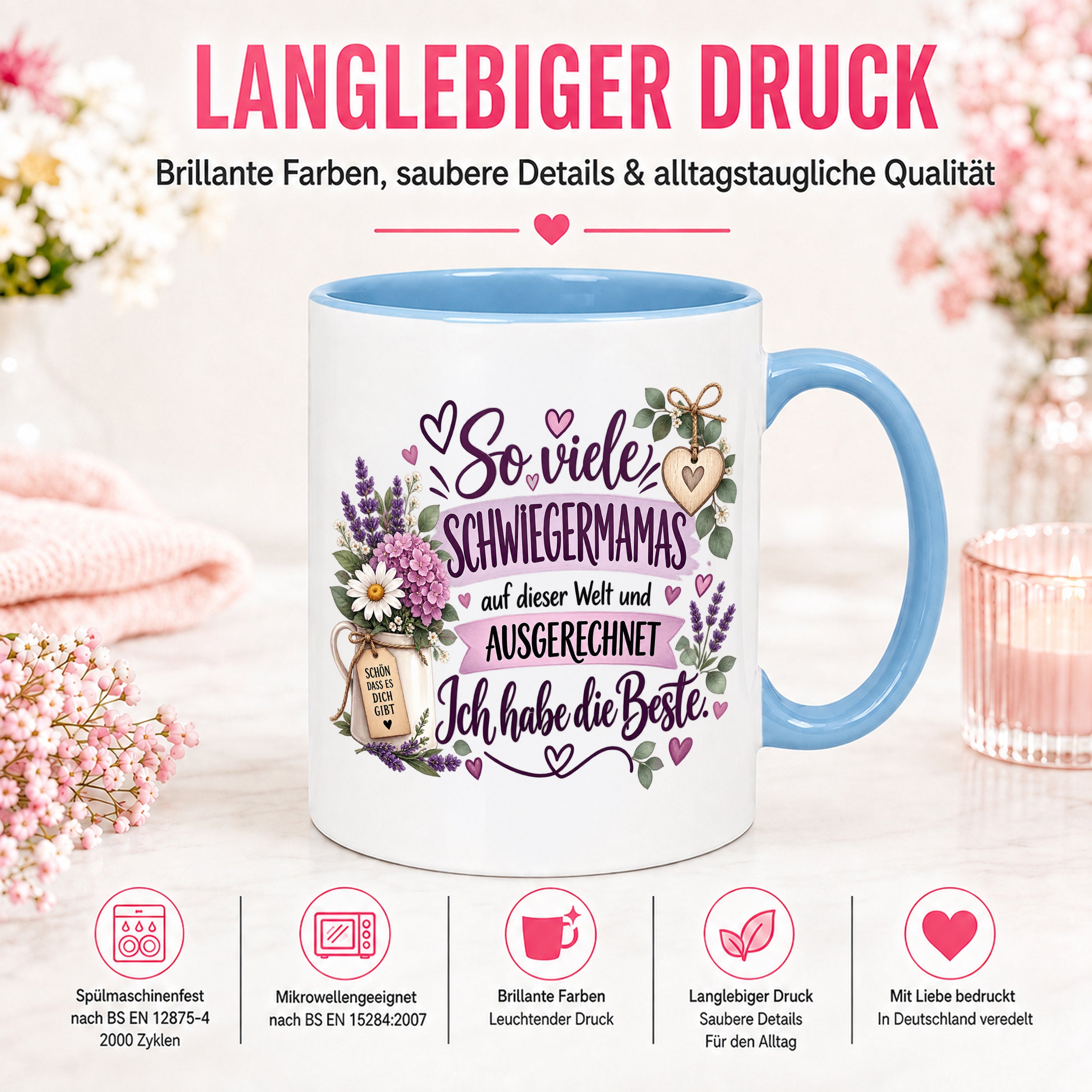 Herzbotschaft Tasse Schwiegermama Geschenk Danke Blumen 330 ml