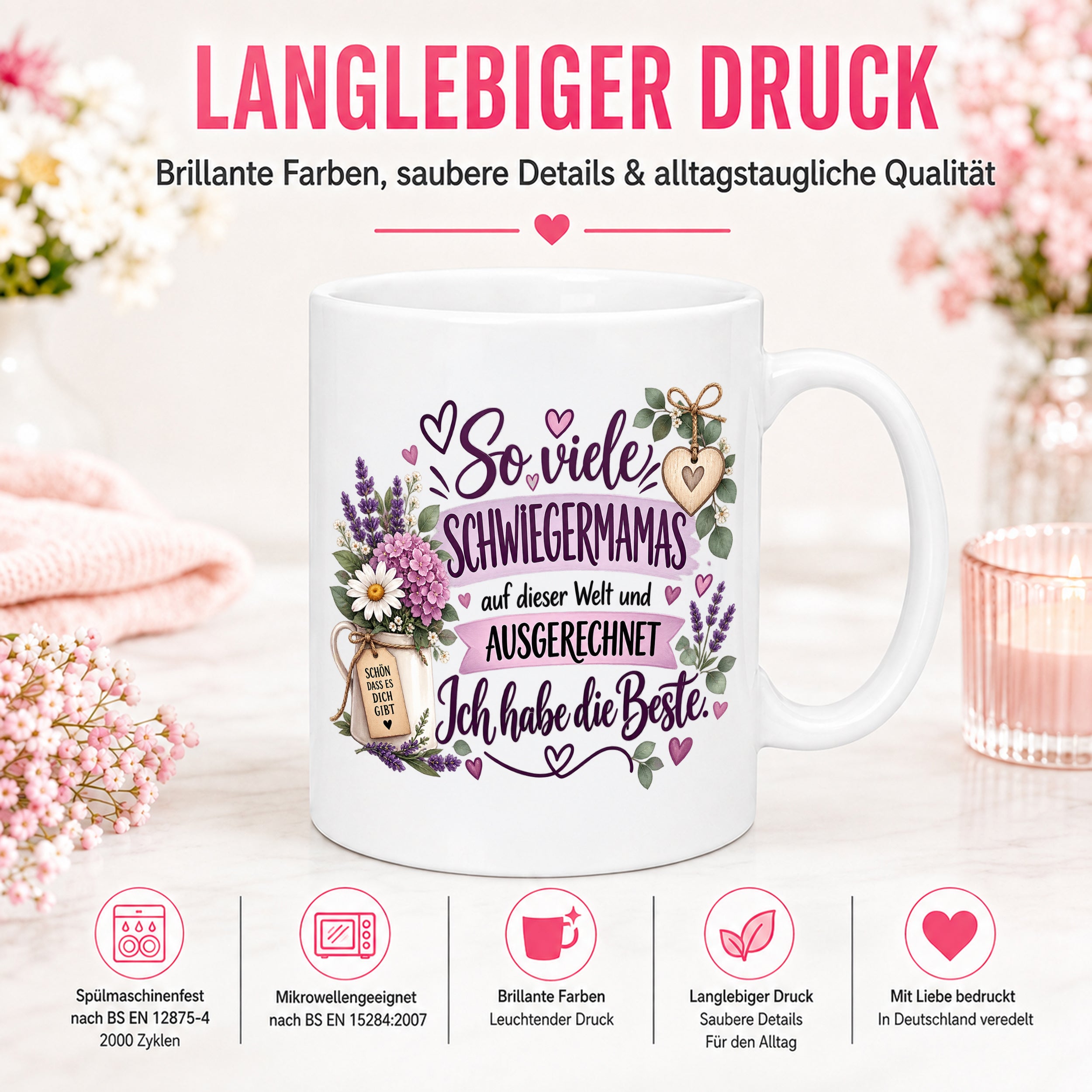 Herzbotschaft Tasse Schwiegermama Geschenk Danke Blumen 330 ml