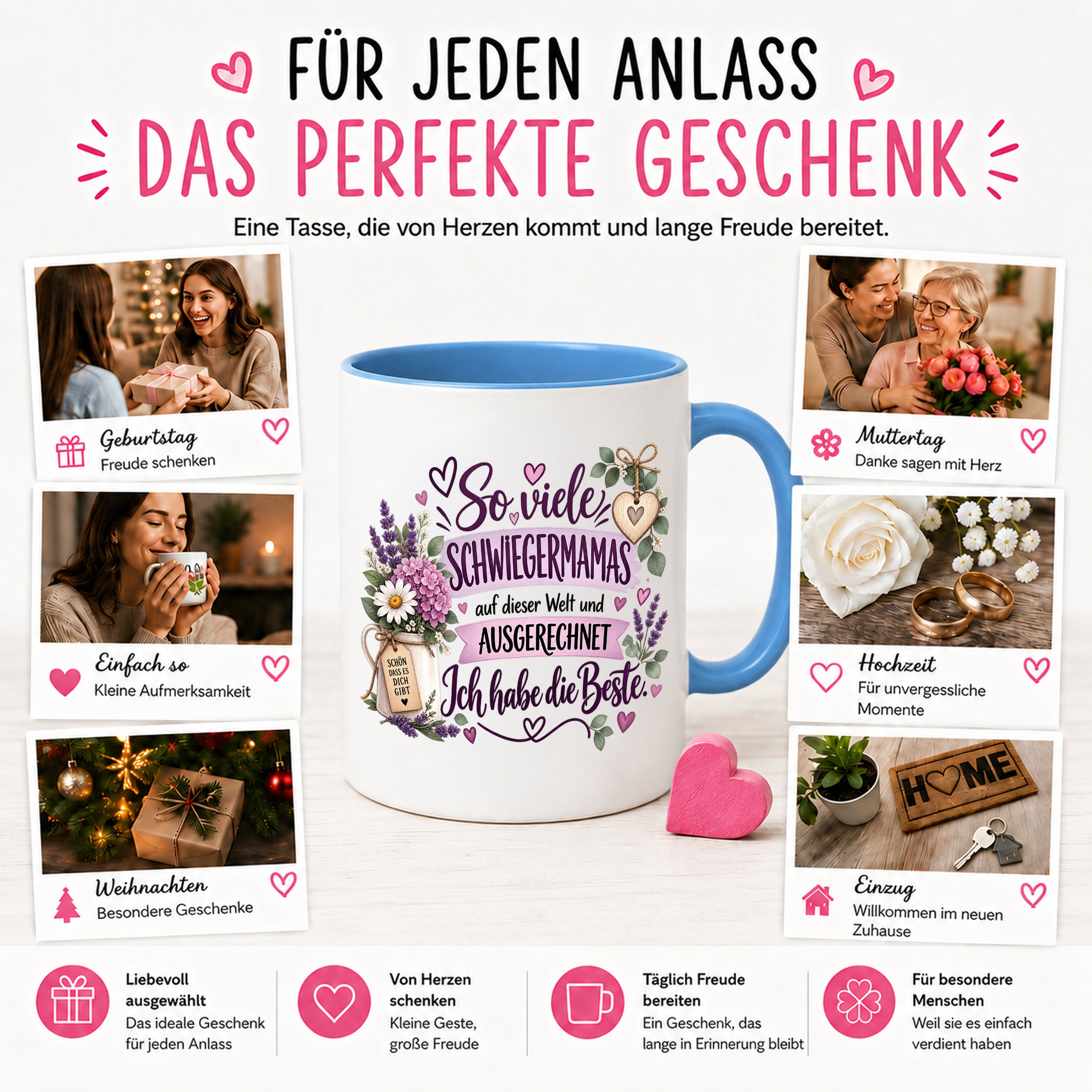 Herzbotschaft Tasse Schwiegermama Geschenk Danke Blumen 330 ml