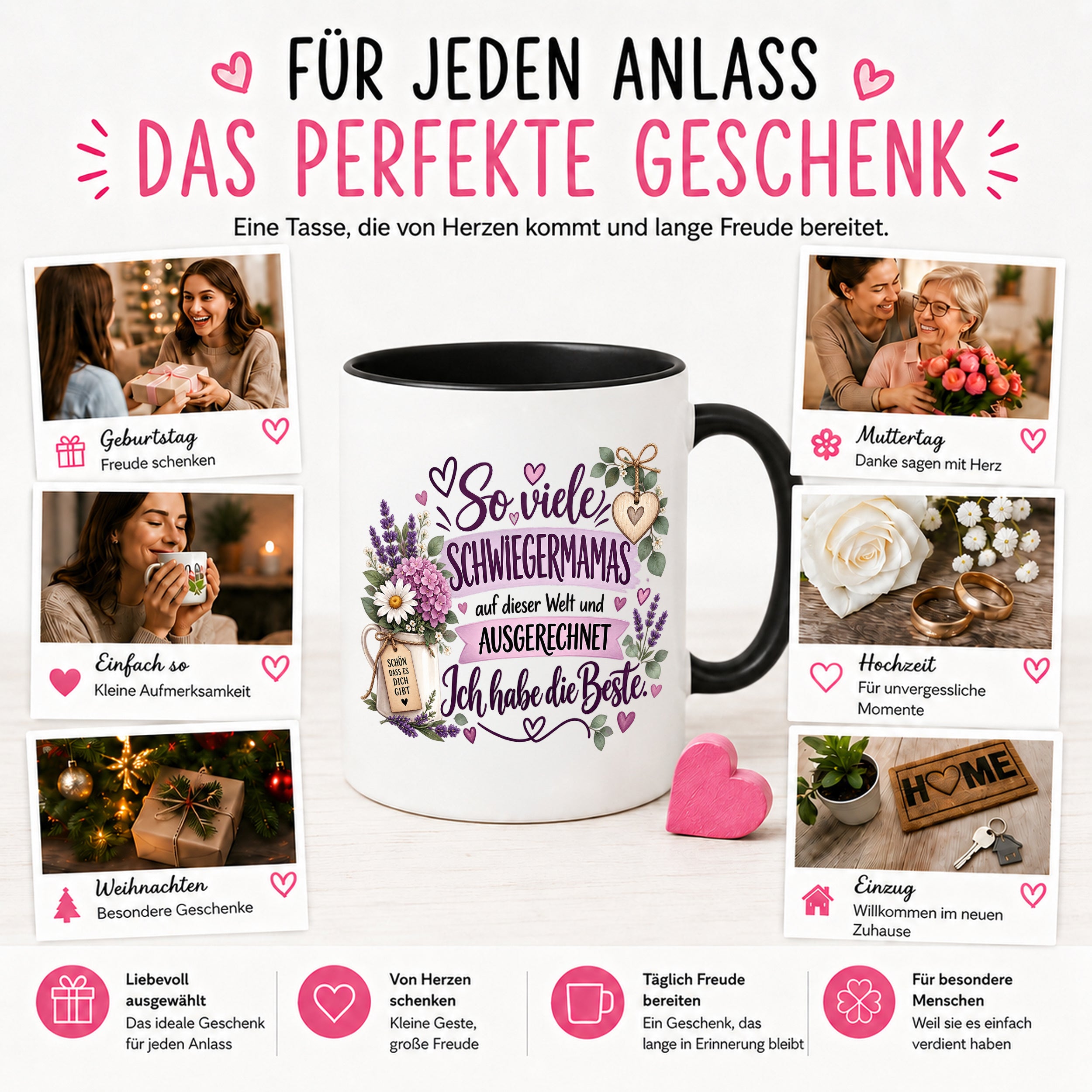Herzbotschaft Tasse Schwiegermama Geschenk Danke Blumen 330 ml