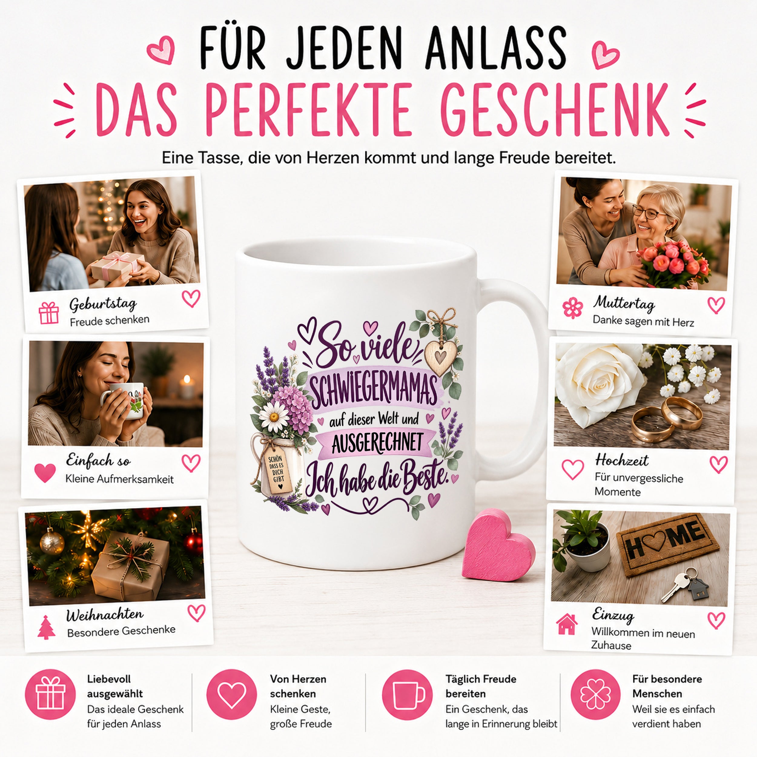 Herzbotschaft Tasse Schwiegermama Geschenk Danke Blumen 330 ml