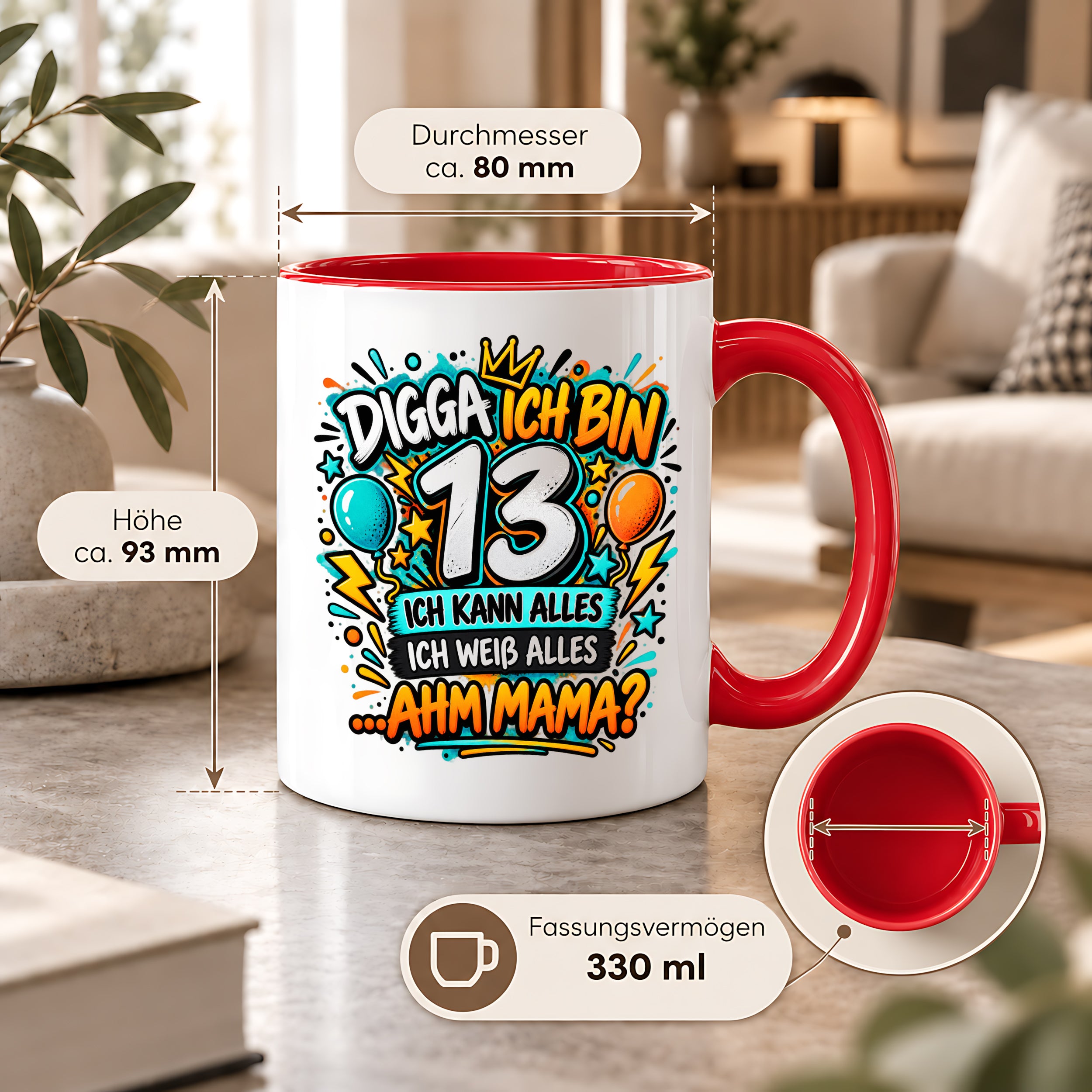 Herzbotschaft Tasse 13 Geburtstag Teenager Geschenk 330 ml