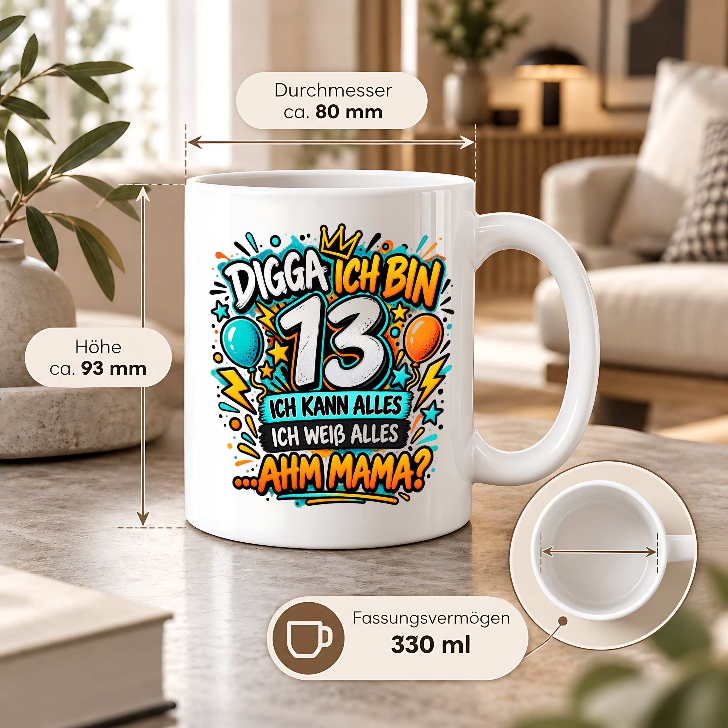 Herzbotschaft Tasse 13 Geburtstag Teenager Geschenk 330 ml