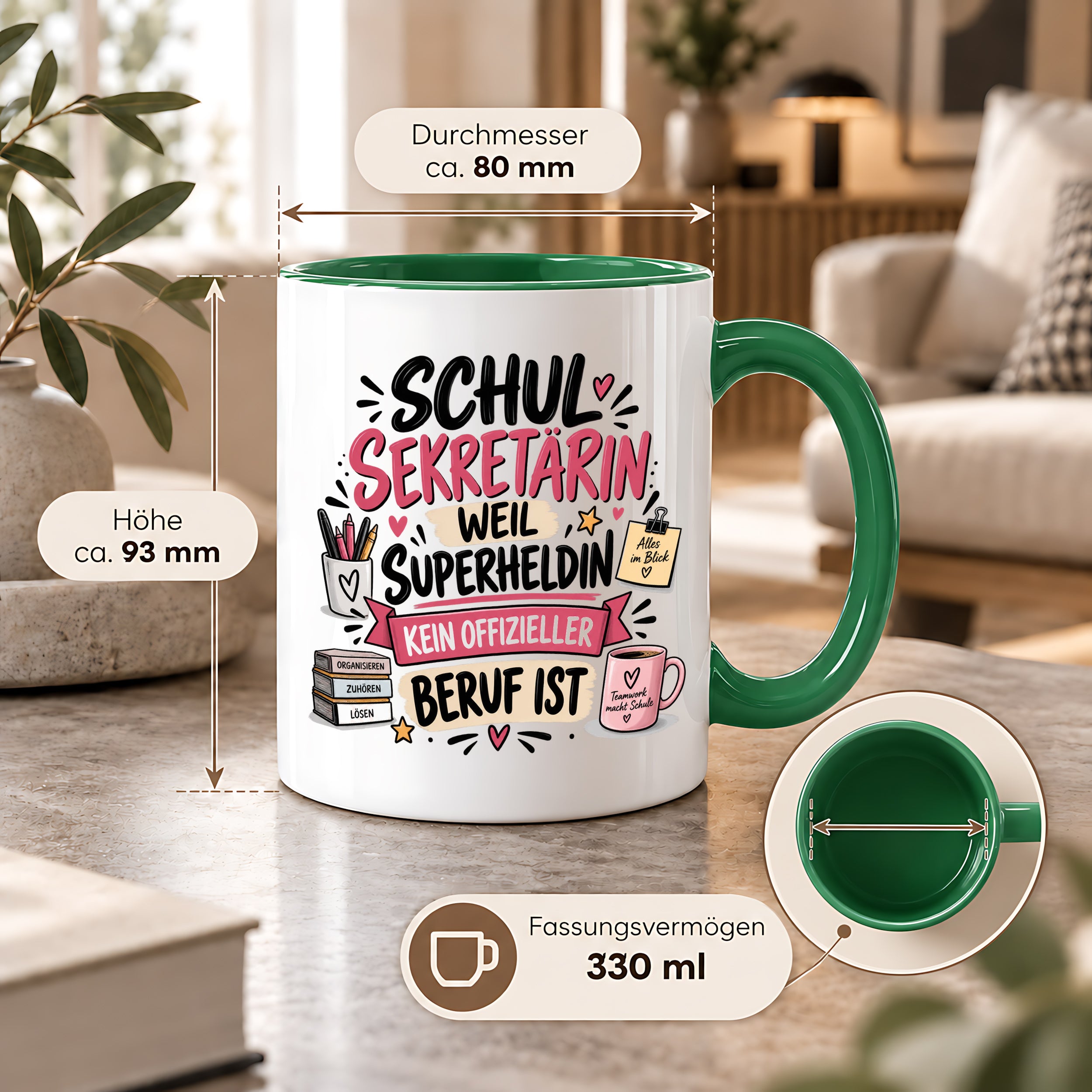 Herzbotschaft Tasse Schulsekretärin Geschenk mit Spruch 330 ml