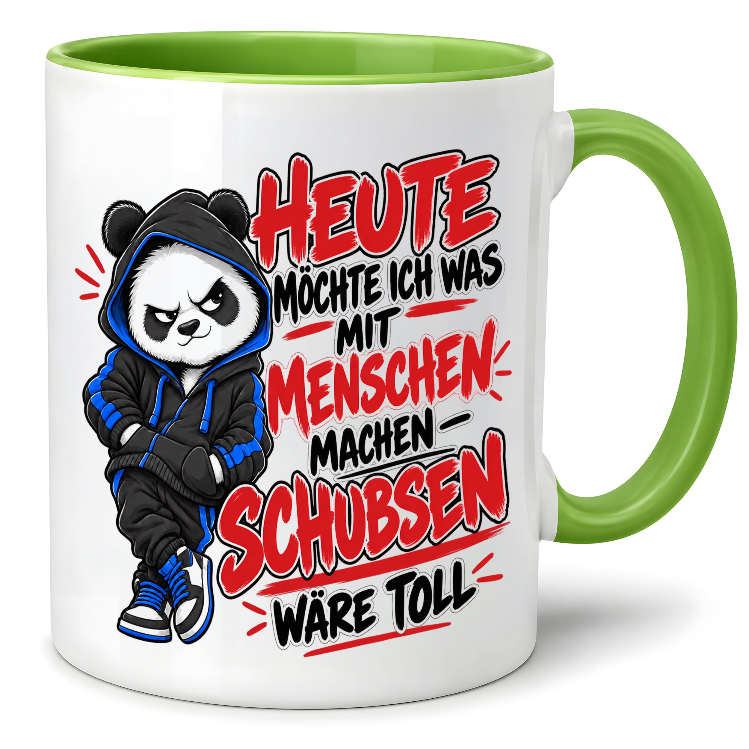 Herzbotschaft Tasse Menschen schubsen lustiger Panda Spruch 330 ml