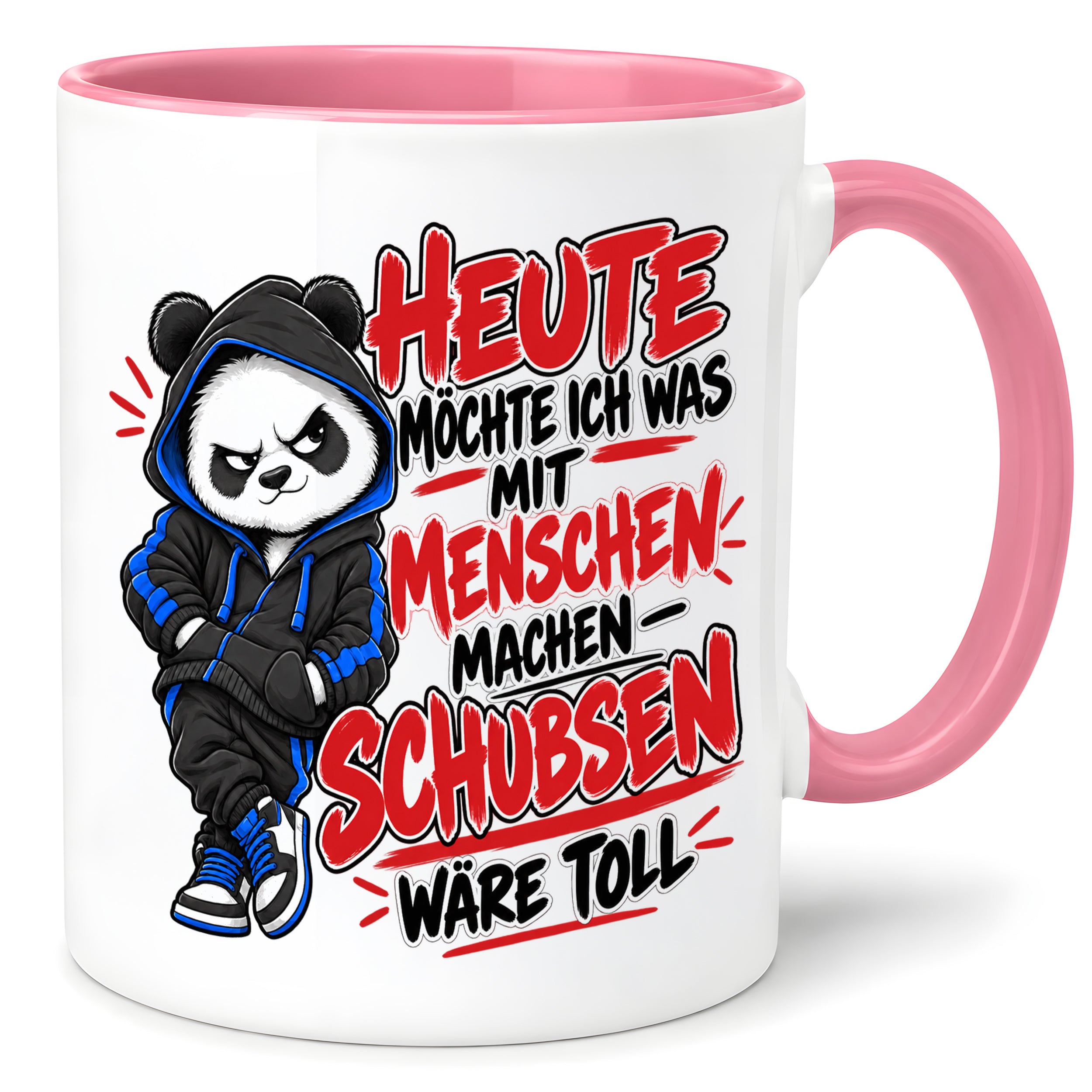 Herzbotschaft Tasse Menschen schubsen lustiger Panda Spruch 330 ml
