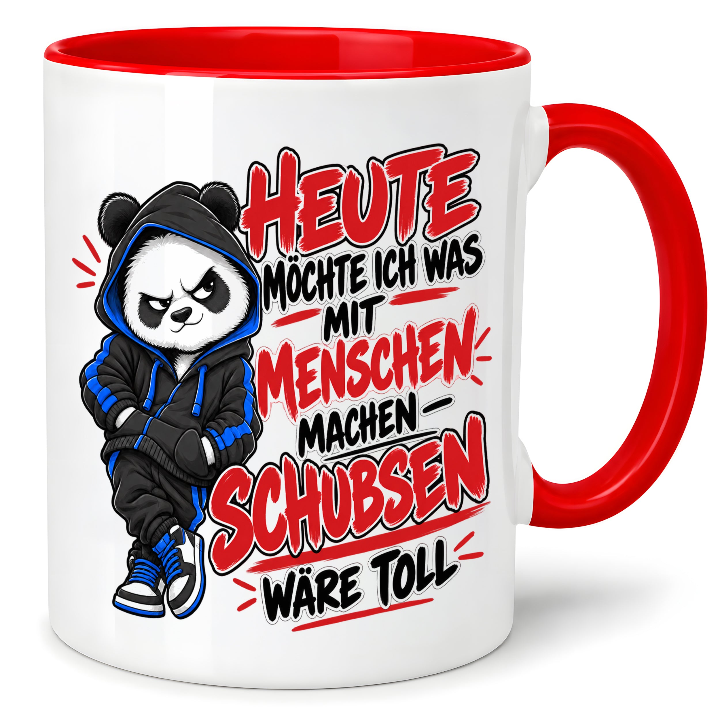 Herzbotschaft Tasse Menschen schubsen lustiger Panda Spruch 330 ml
