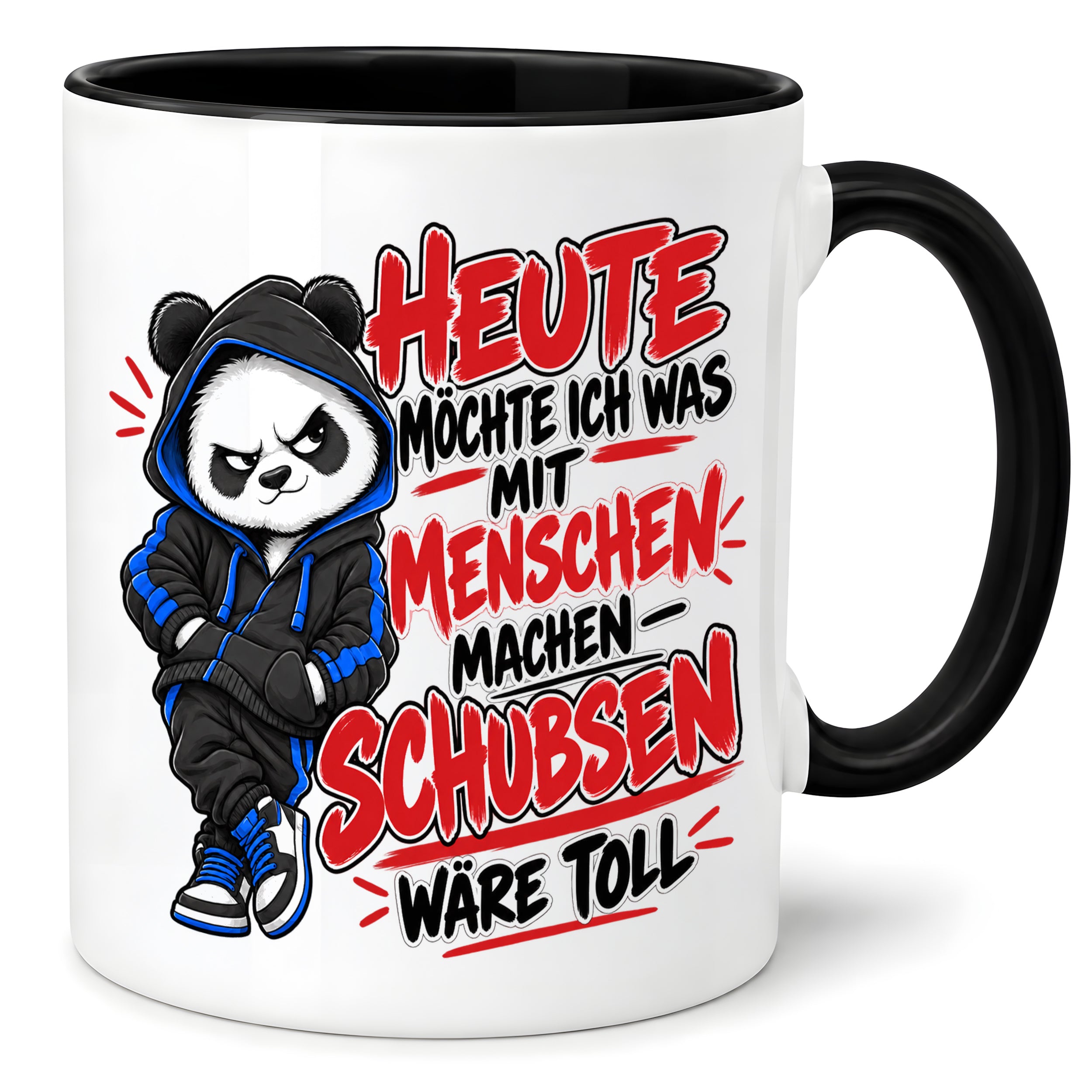 Herzbotschaft Tasse Menschen schubsen lustiger Panda Spruch 330 ml