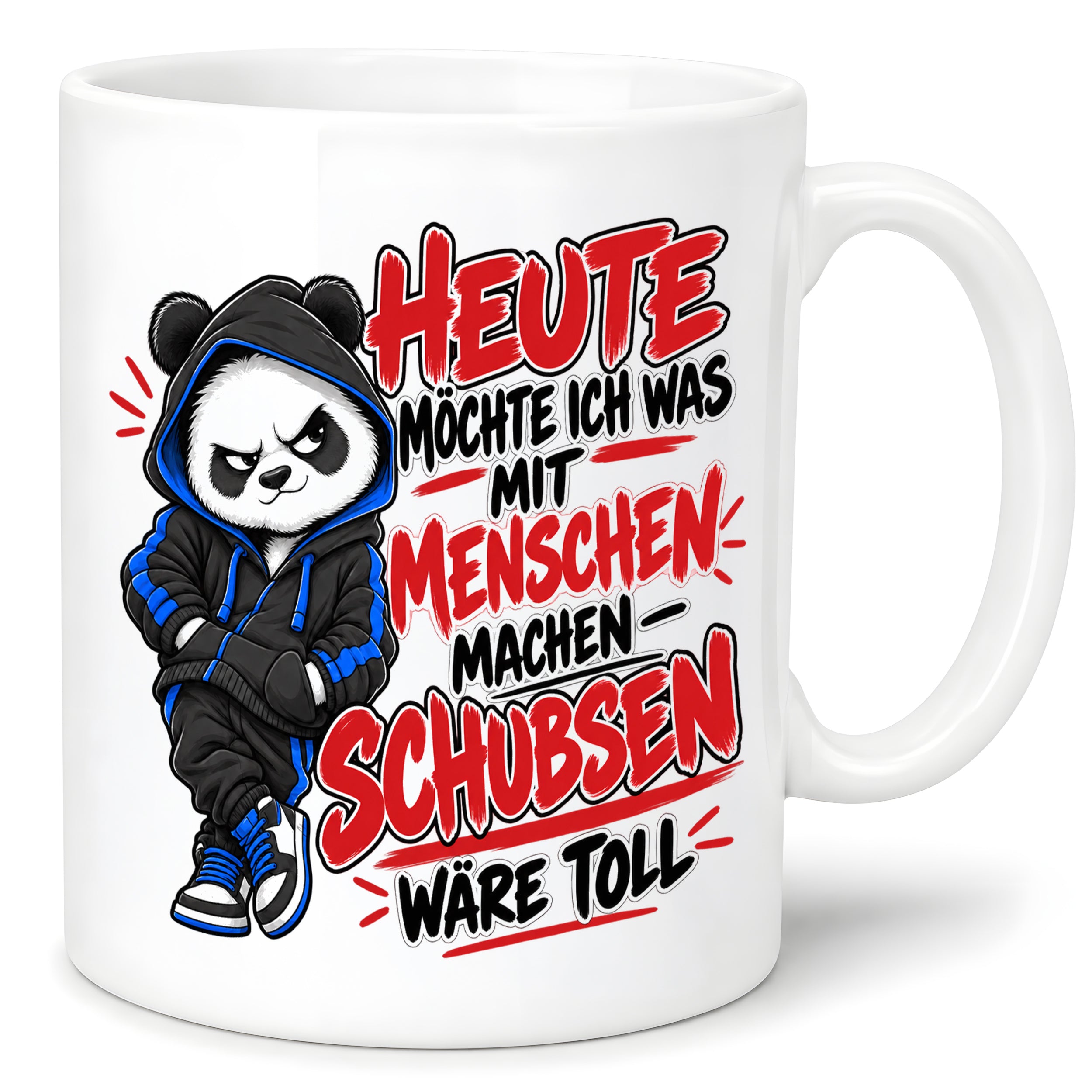 Herzbotschaft Tasse Menschen schubsen lustiger Panda Spruch 330 ml