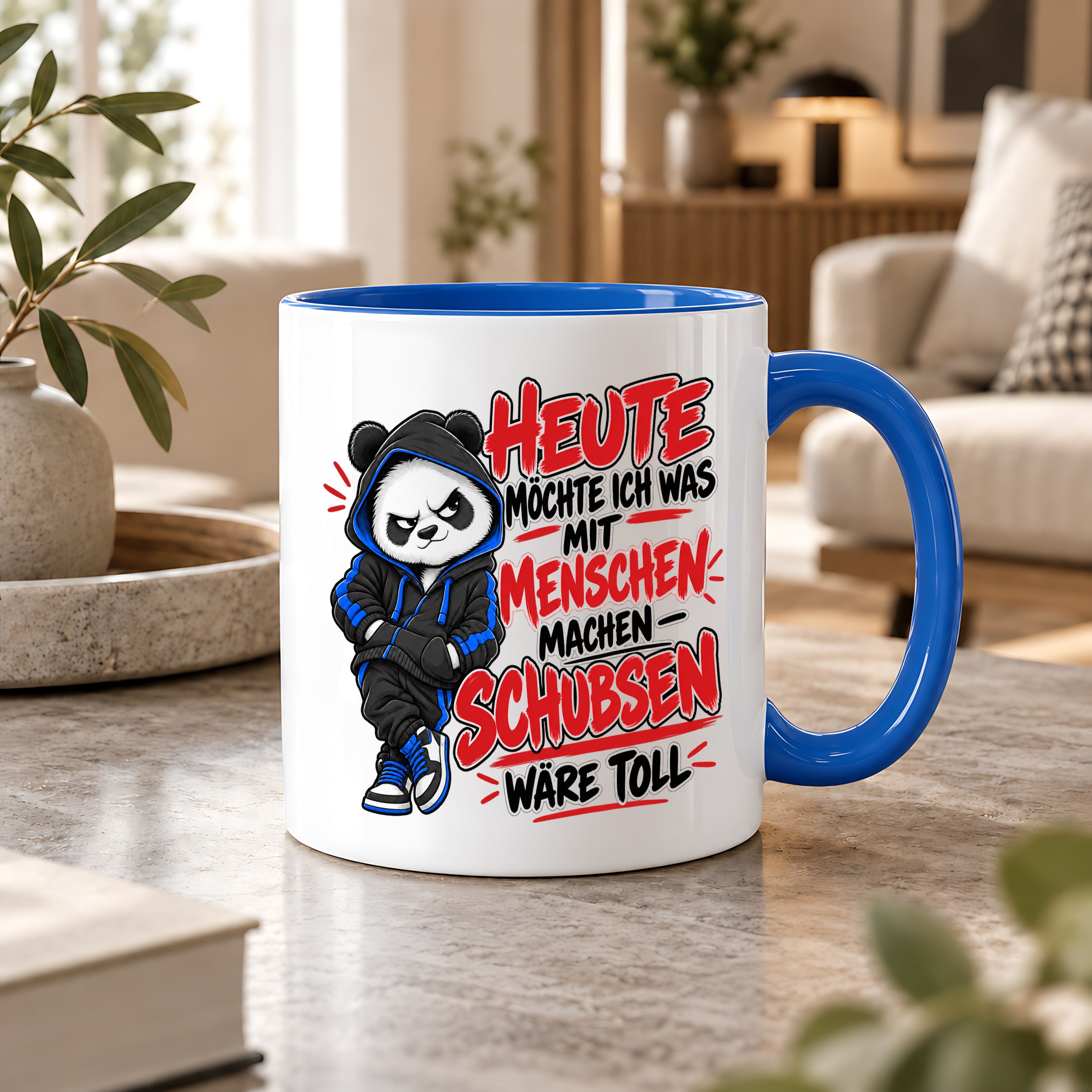 Herzbotschaft Tasse Menschen schubsen lustiger Panda Spruch 330 ml