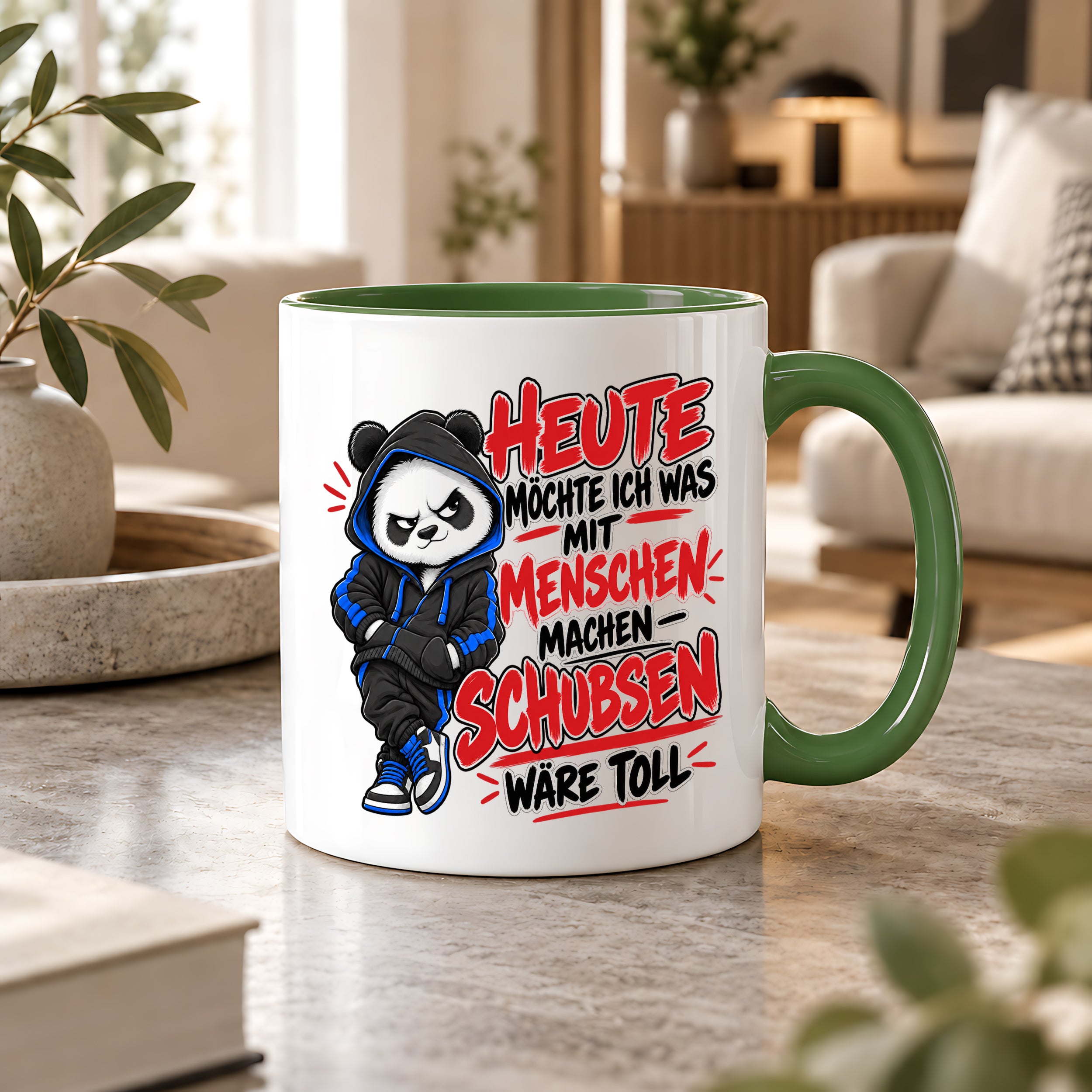 Herzbotschaft Tasse Menschen schubsen lustiger Panda Spruch 330 ml