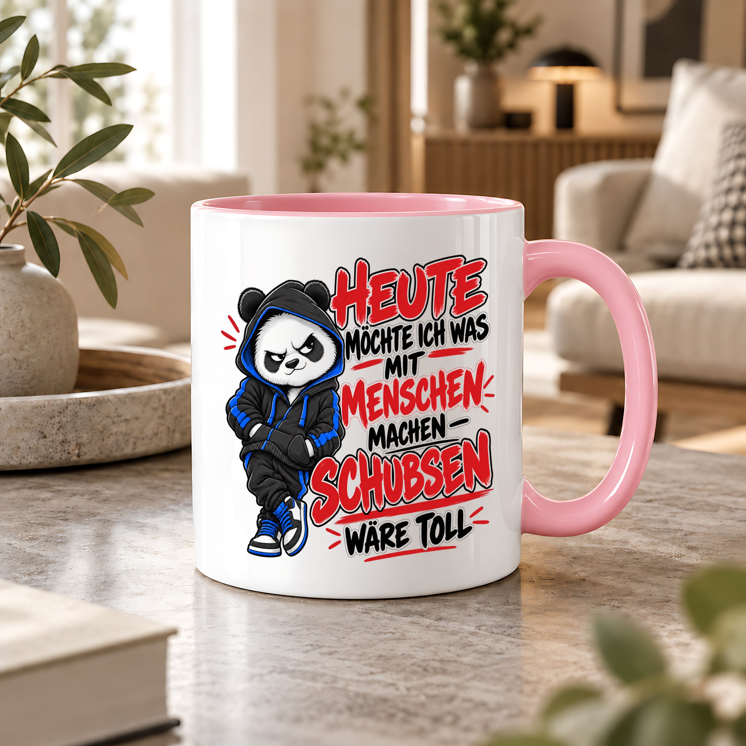 Herzbotschaft Tasse Menschen schubsen lustiger Panda Spruch 330 ml