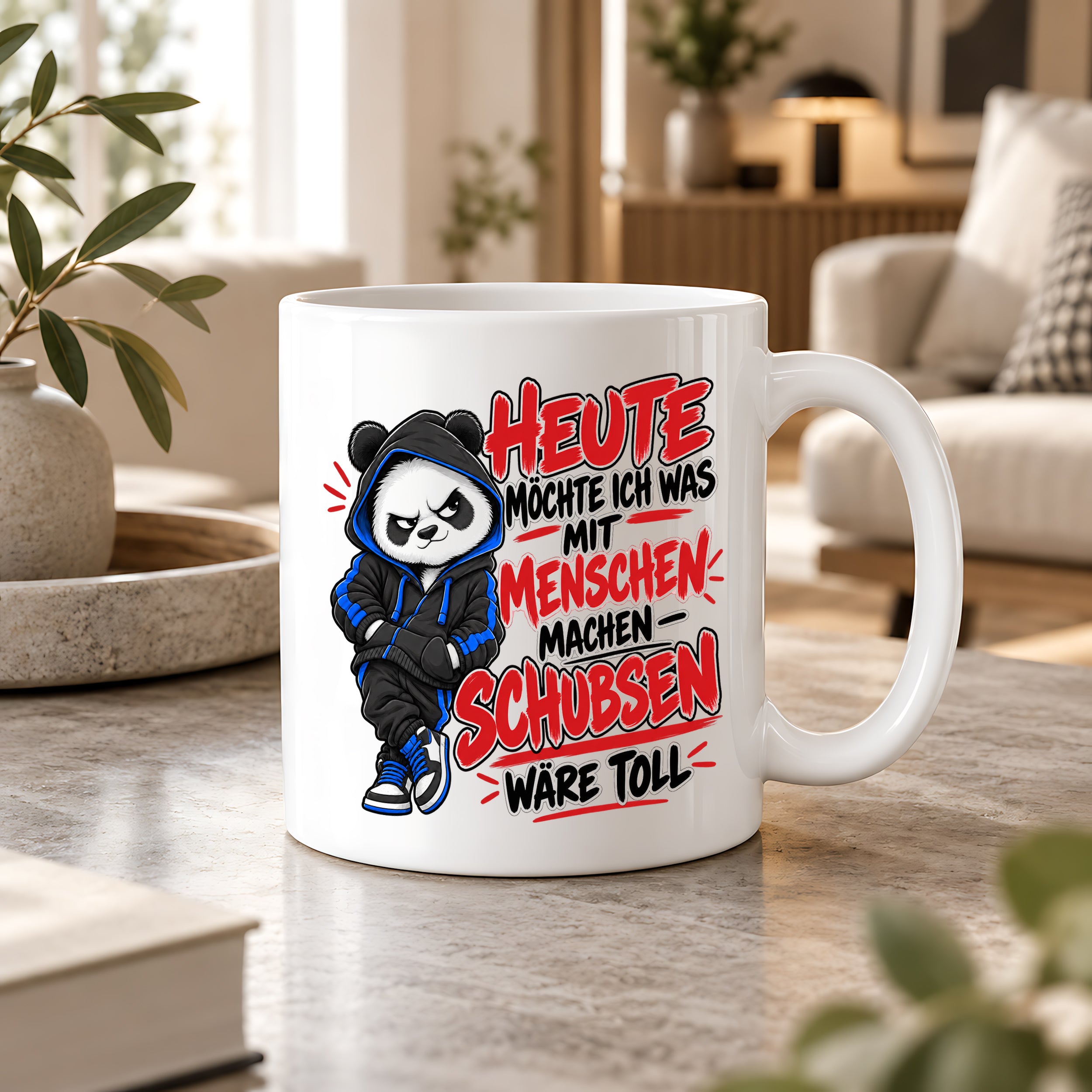 Herzbotschaft Tasse Menschen schubsen lustiger Panda Spruch 330 ml