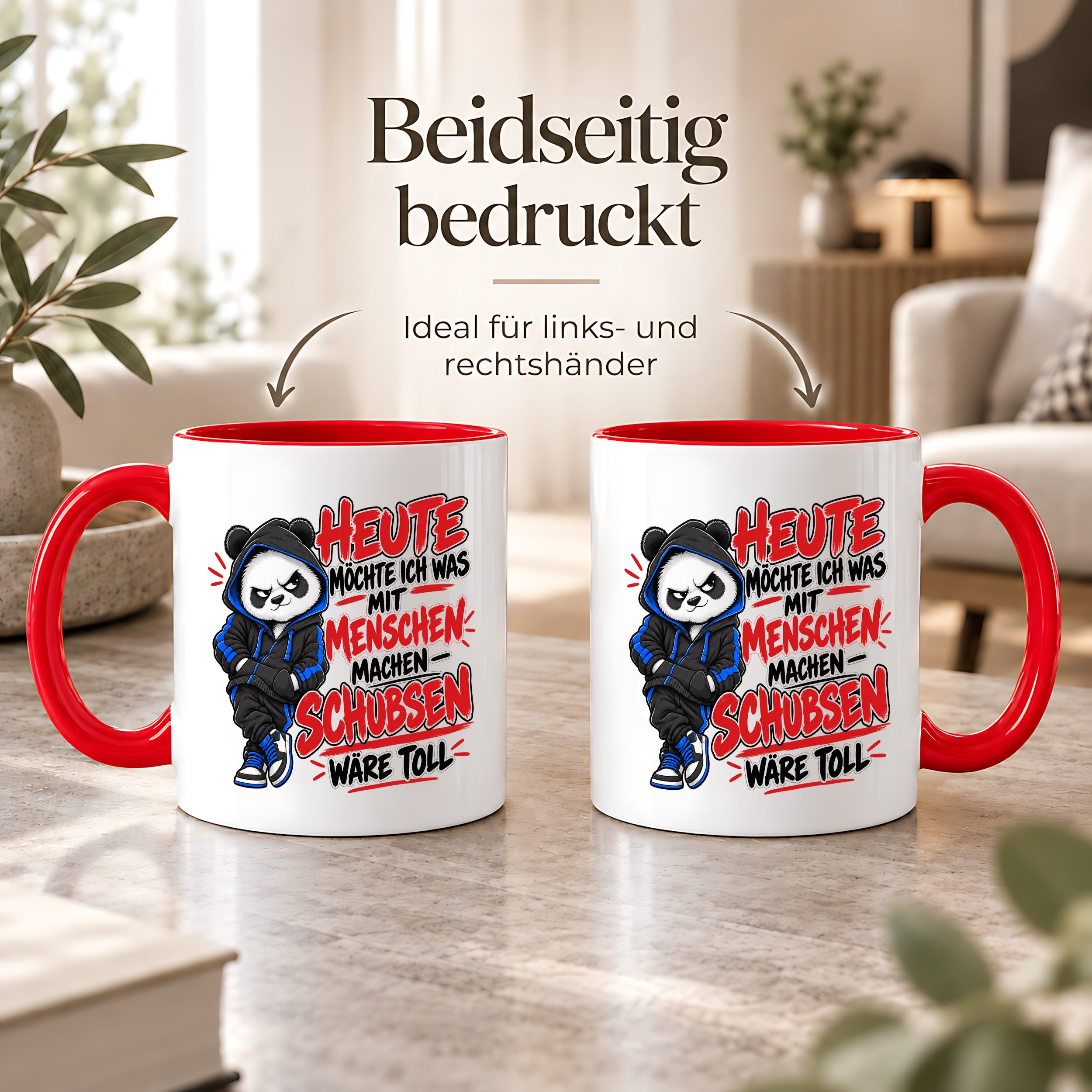 Herzbotschaft Tasse Menschen schubsen lustiger Panda Spruch 330 ml