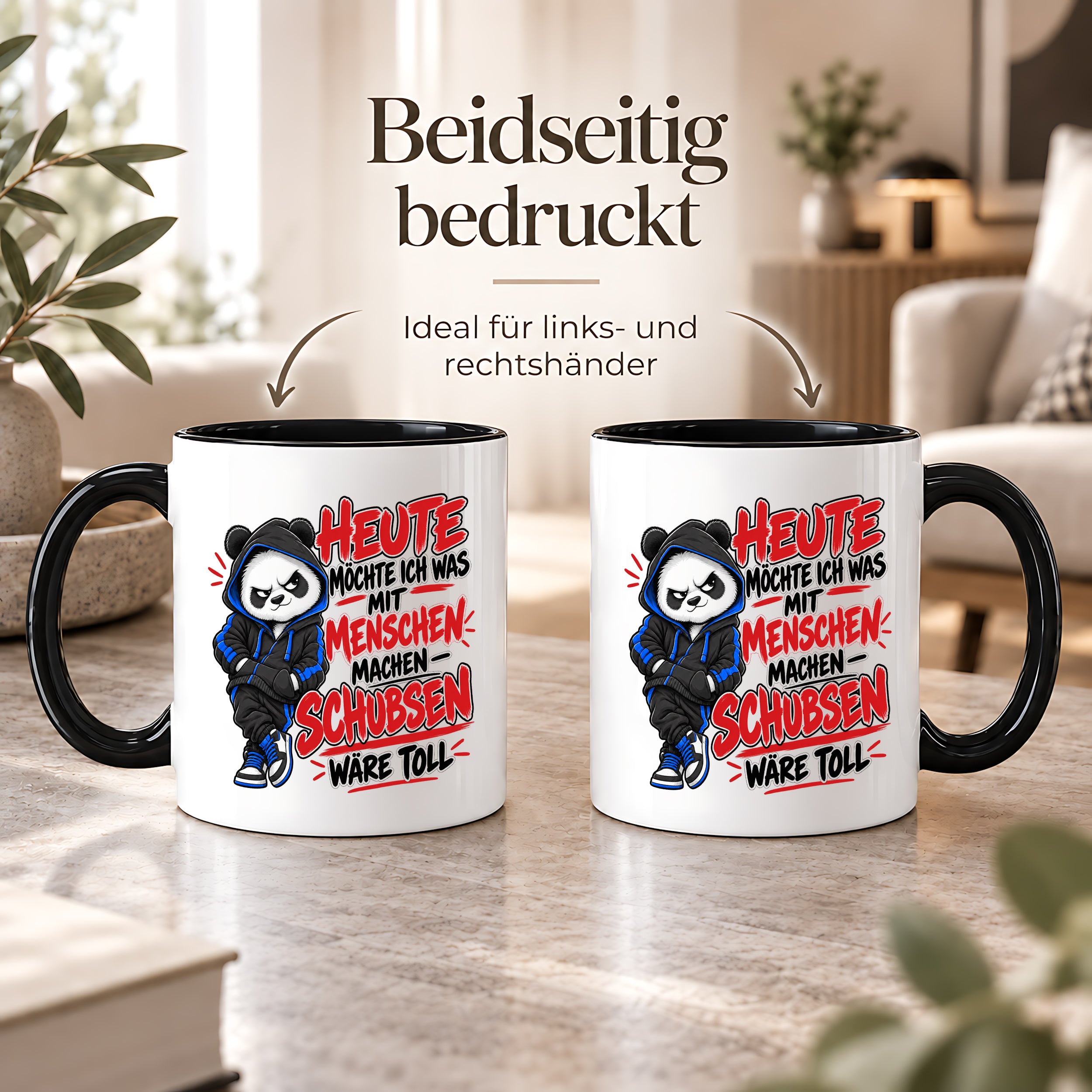 Herzbotschaft Tasse Menschen schubsen lustiger Panda Spruch 330 ml
